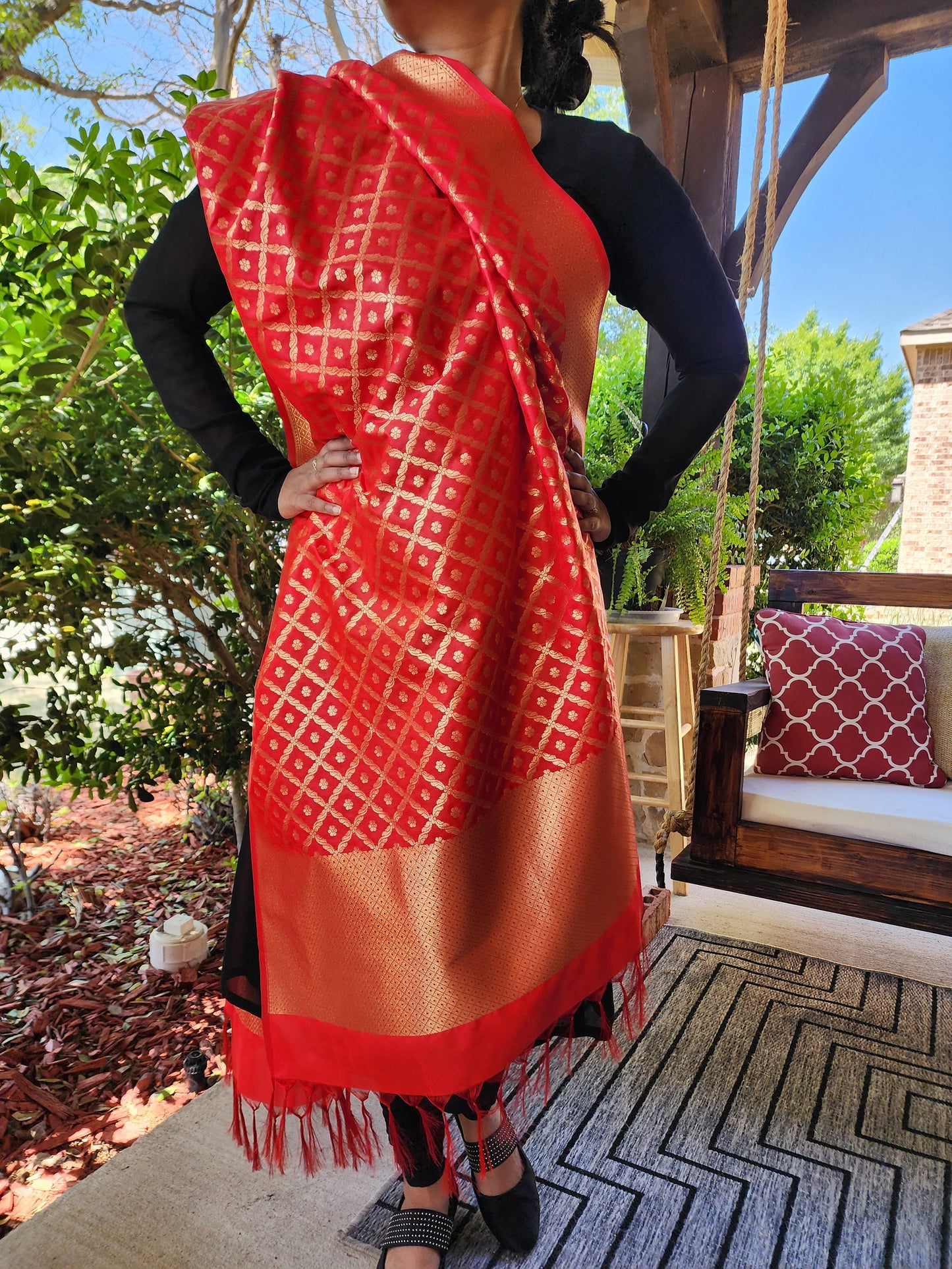 Banarasi Silk Bright Red Dupatta with handwoven Golden threads