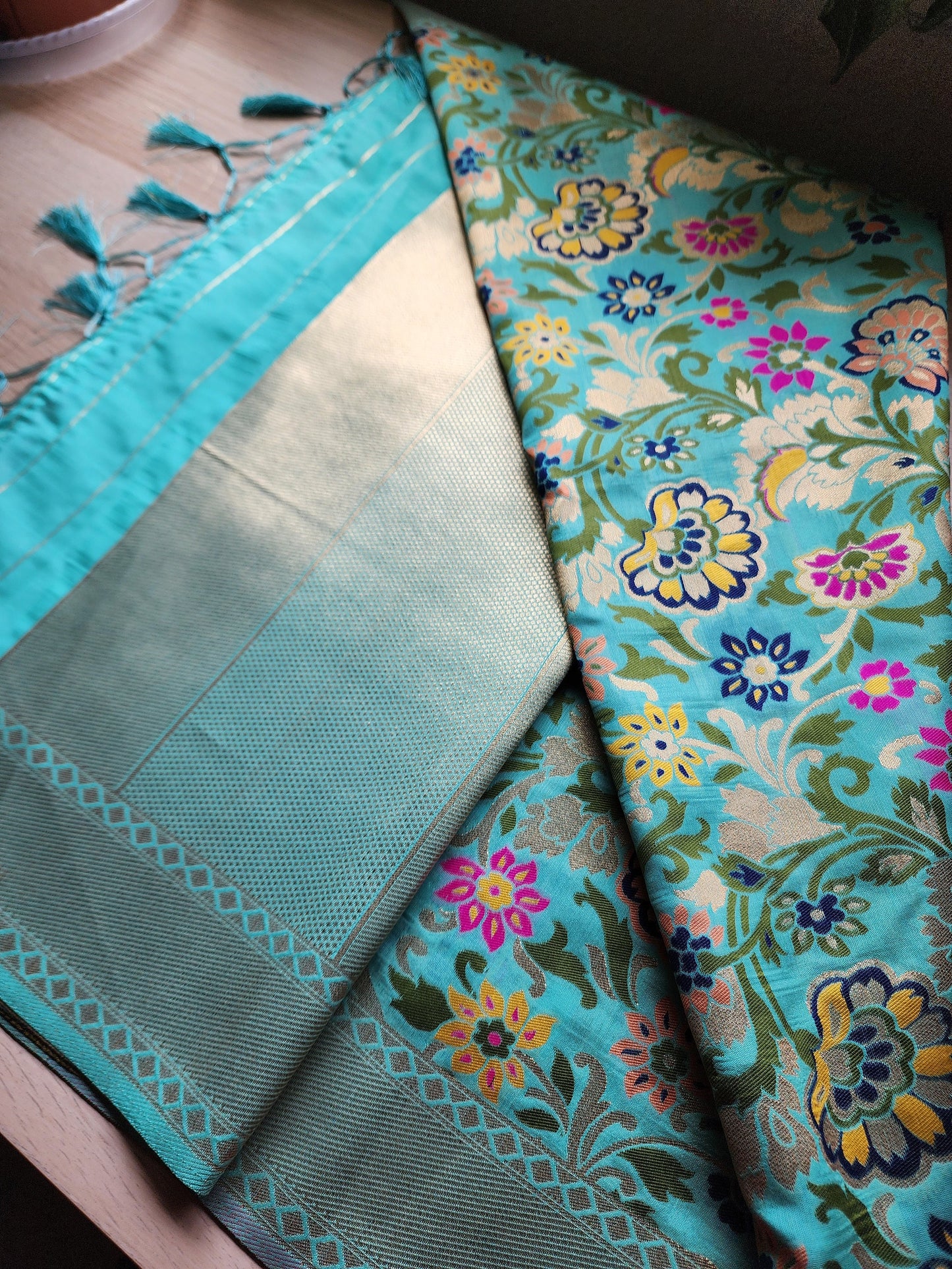 Banarasi Silk Aqua Blue Dupatta with multicolor floral handweaving