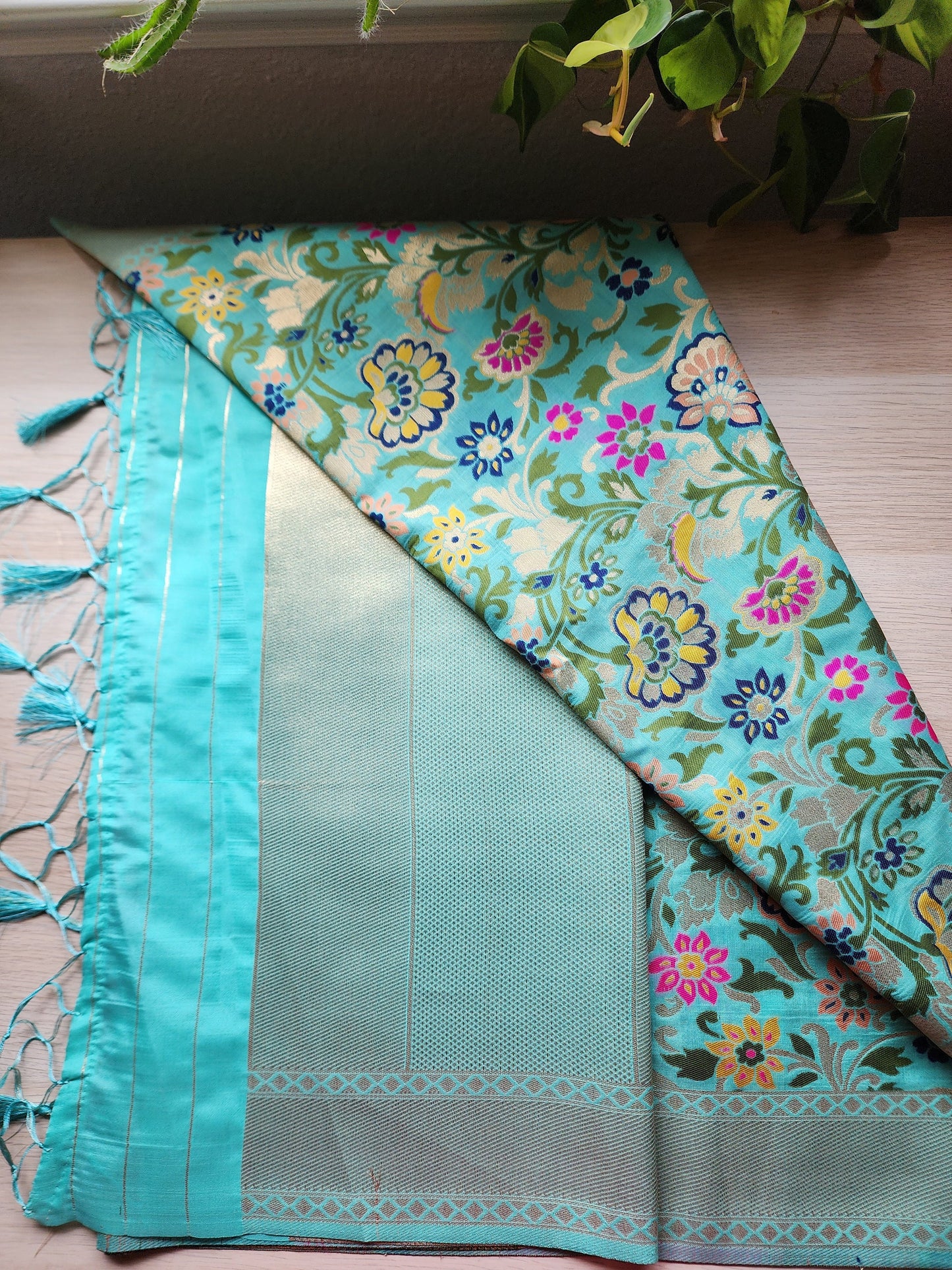 Banarasi Silk Aqua Blue Dupatta with multicolor floral handweaving