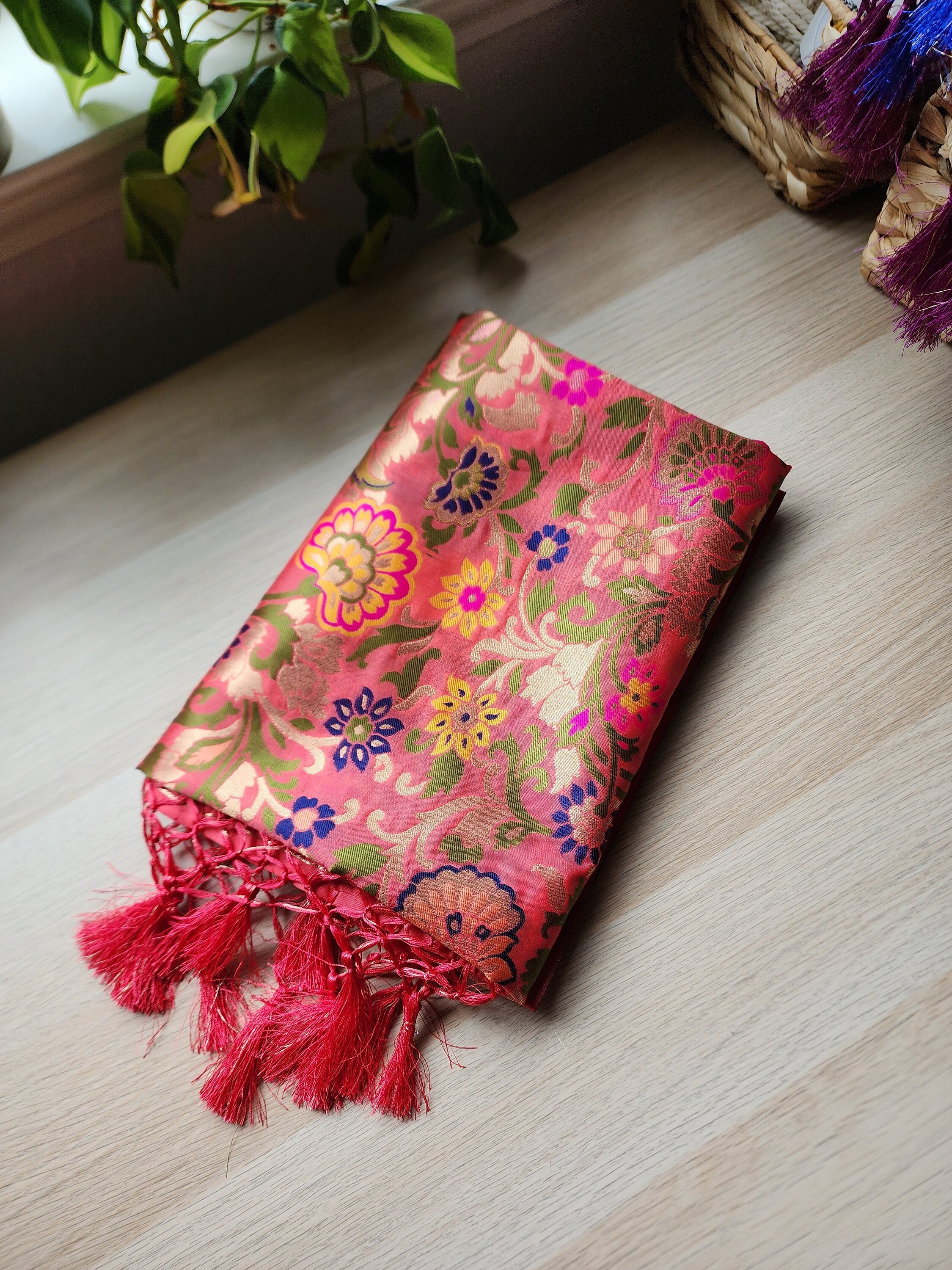 Banarasi Silk Coral Pink Dupatta, multicolor and gold floral handweaving, Indian traditional & Festive wear, Luxurious Soft Banarsi Dhupatta