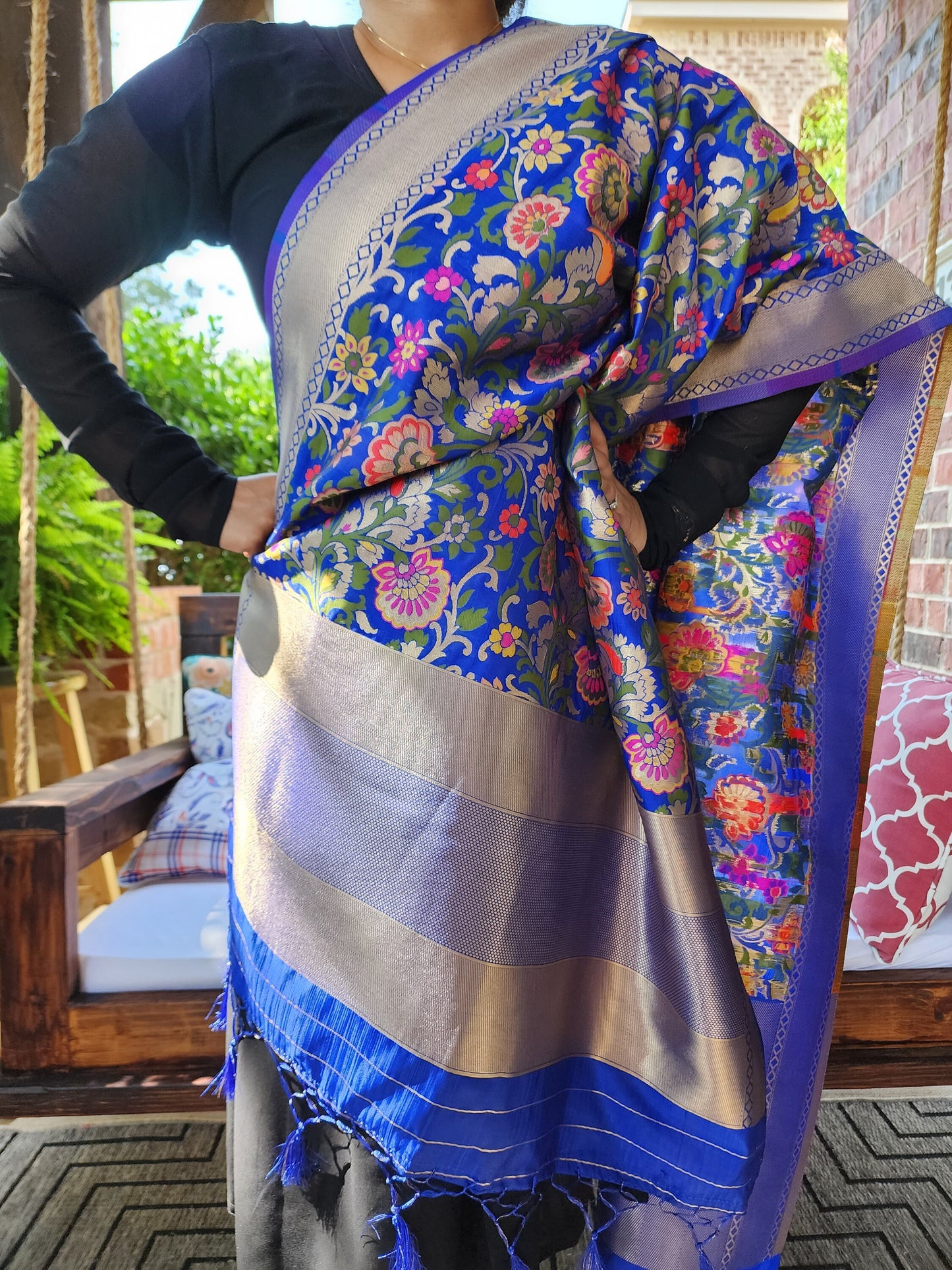 Banarasi Silk Royal Blue Dupatta with multicolor floral handweaving