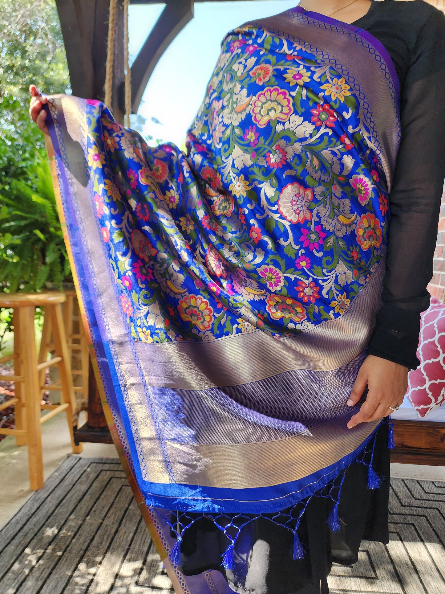 Banarasi Silk Royal Blue Dupatta with multicolor floral handweaving