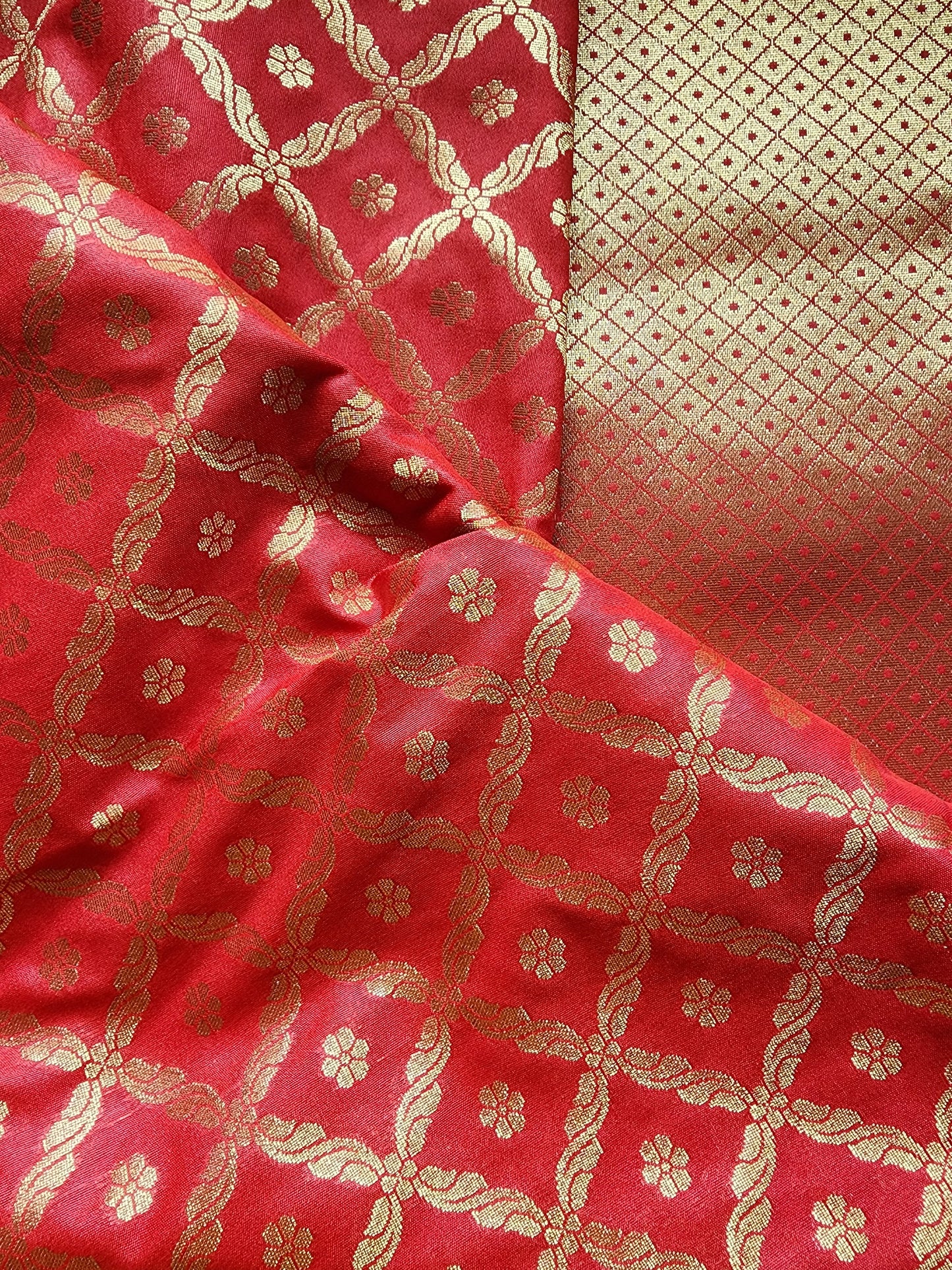 Banarasi Silk Bright Red Dupatta with handwoven Golden threads