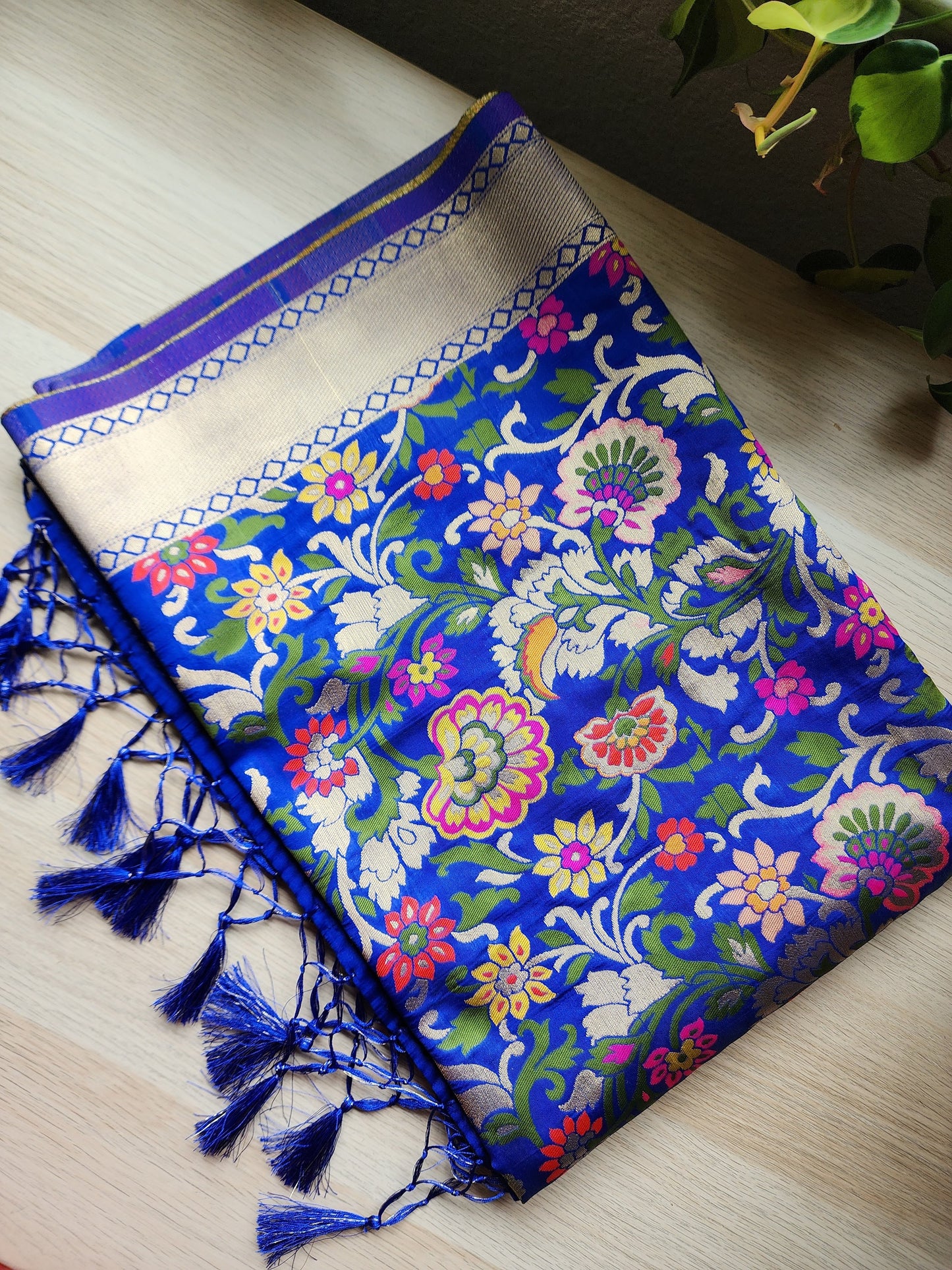 Banarasi Silk Royal Blue Dupatta with multicolor floral handweaving