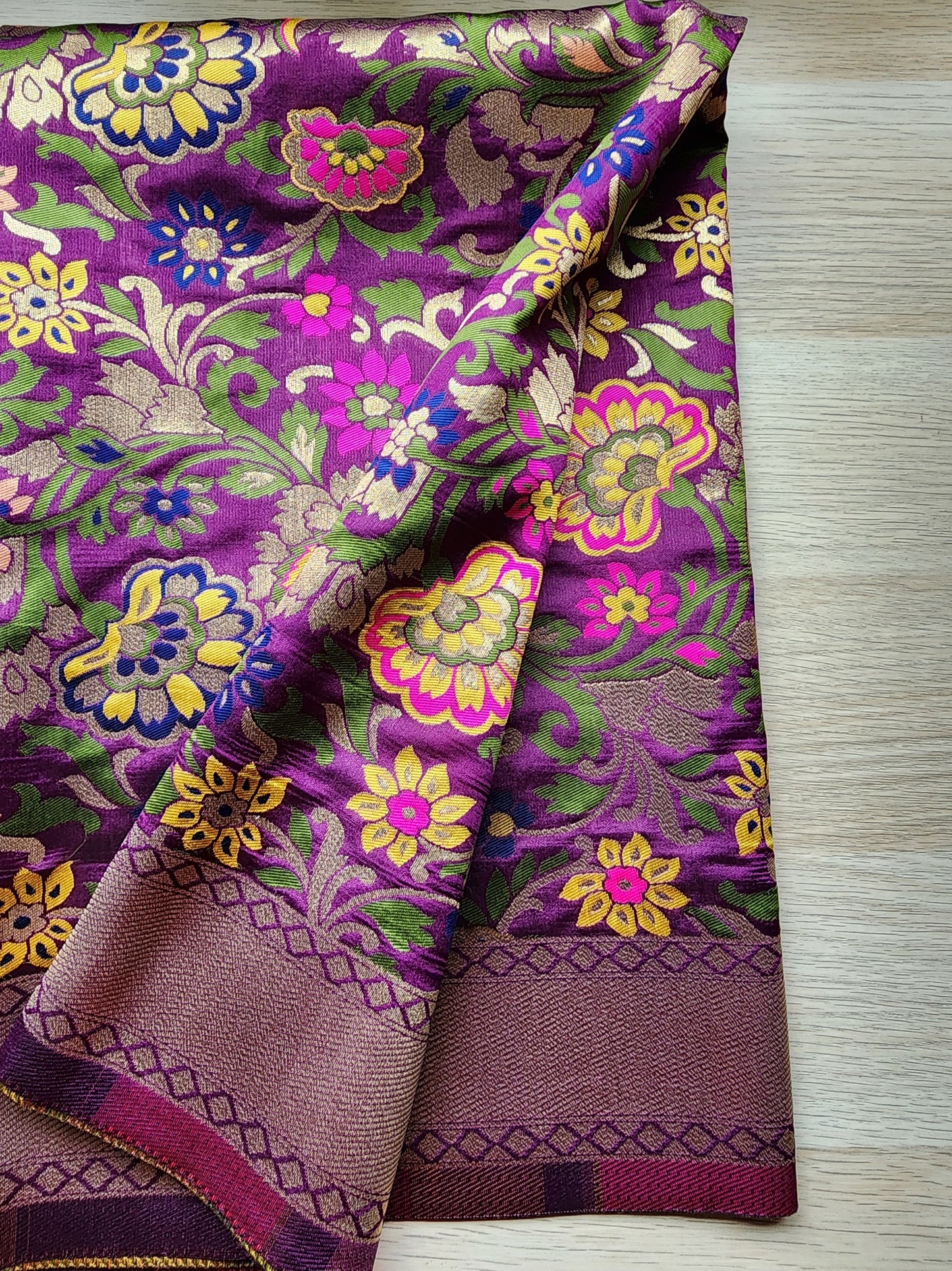 Banarasi Silk Dark Plum Dupatta with multicolor floral handweaving