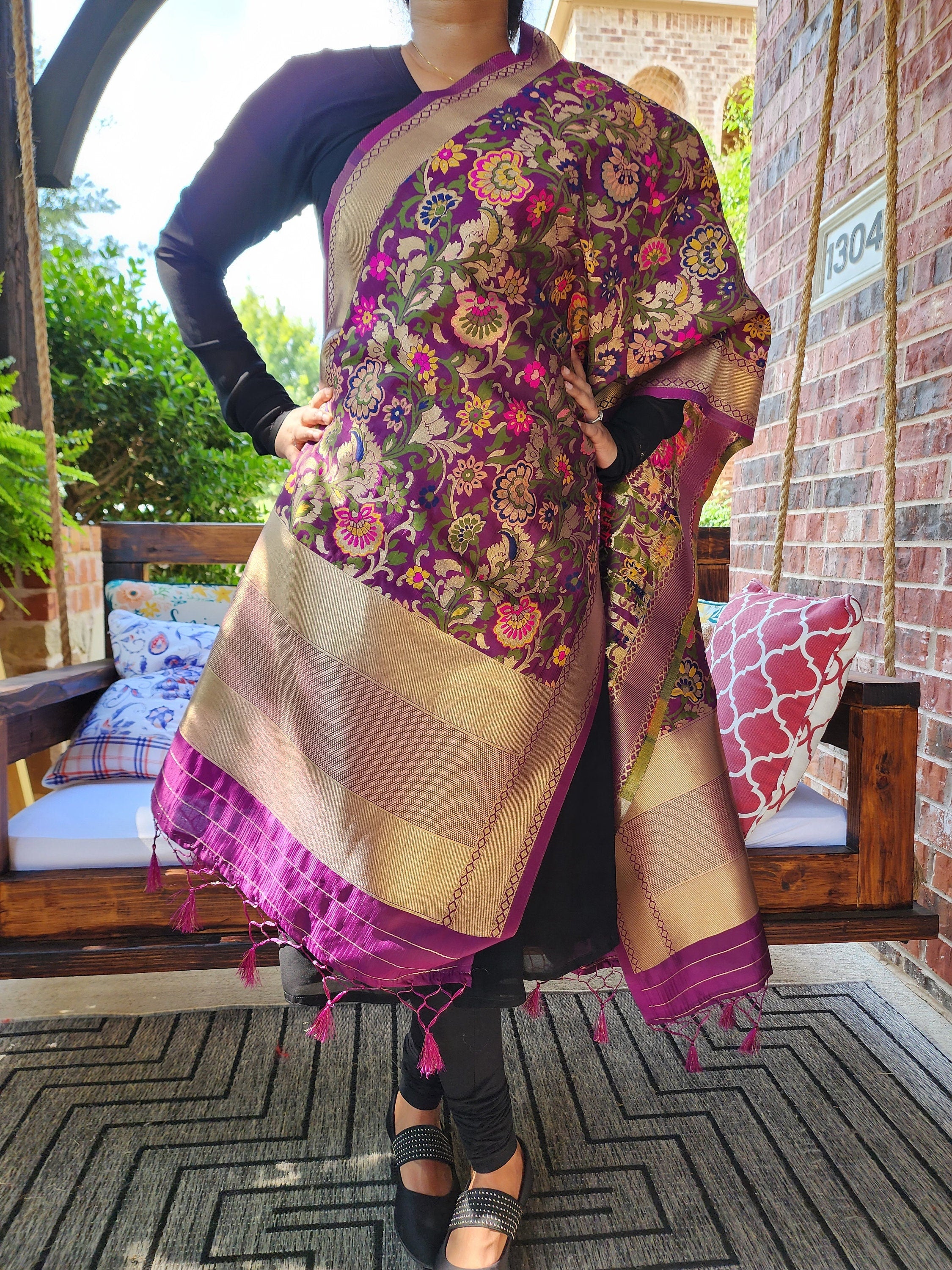 Banarasi Silk Dark Plum Dupatta, multicolor and gold floral handweaving, Indian traditional & Festive wear, Luxurious Soft Banarsi Dhupatta