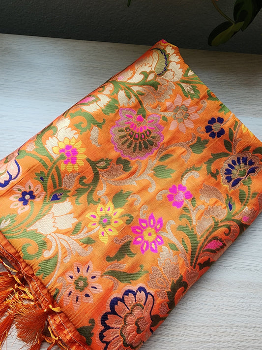 Banarasi Silk Orange Dupatta, multicolor and gold floral handweaving, Indian traditional & Festive wear, Luxurious Soft Banarsi Dhupatta