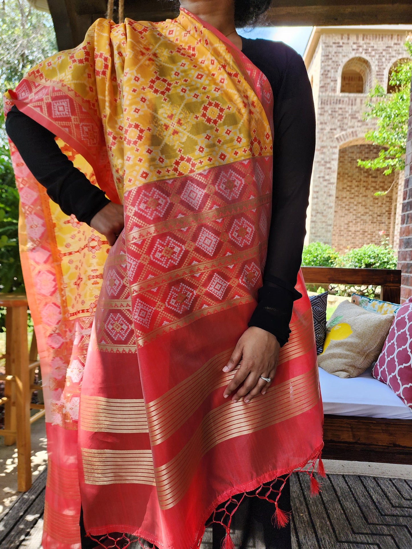 Banarasi Silk Handwoven Yellow & Coral Dupatta