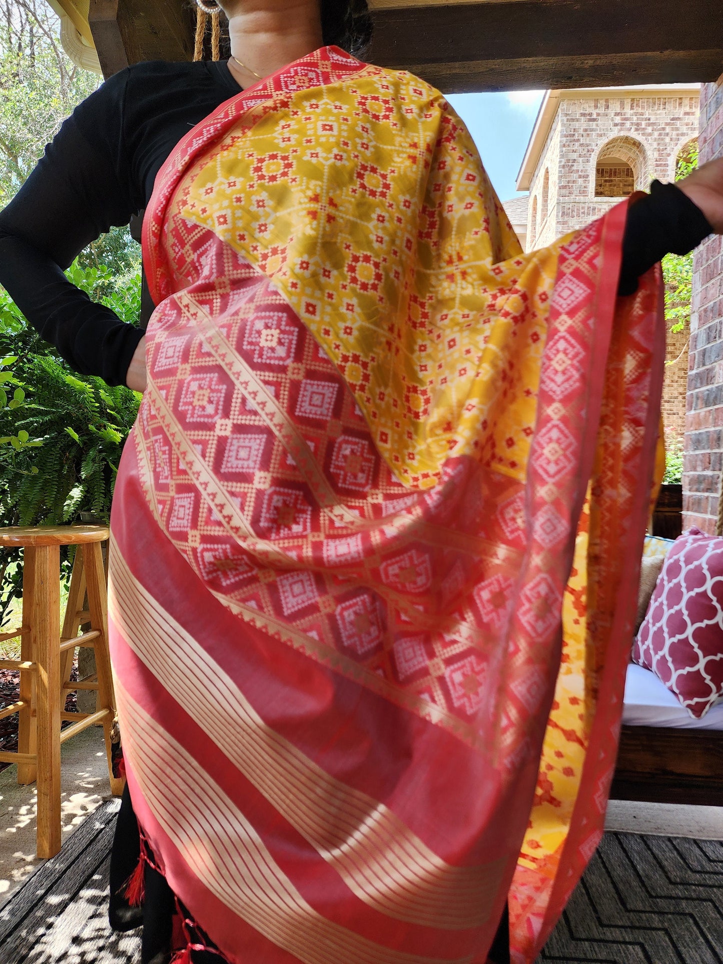 Banarasi Silk Handwoven Yellow & Coral Dupatta