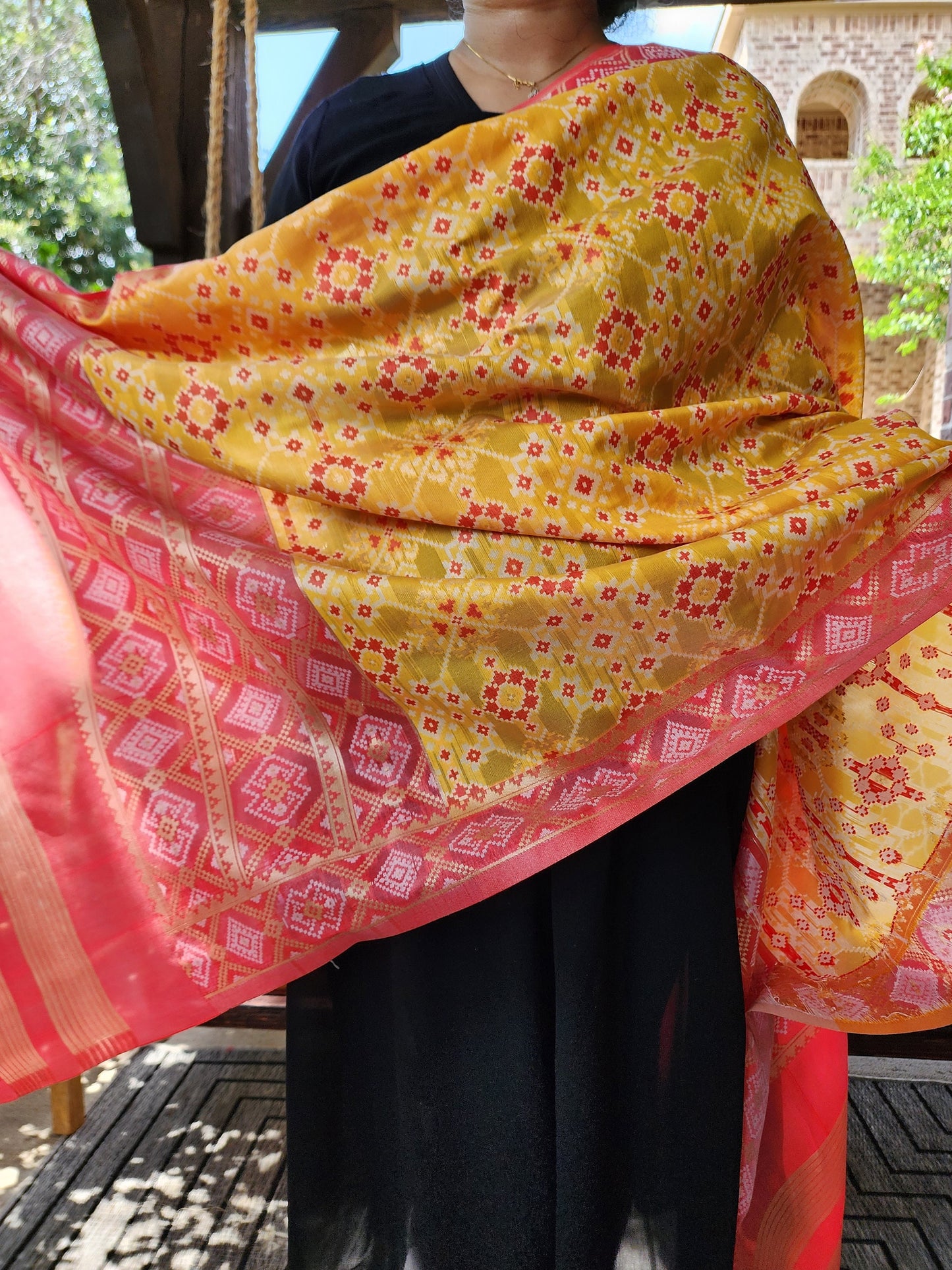 Banarasi Silk Handwoven Yellow & Coral Dupatta