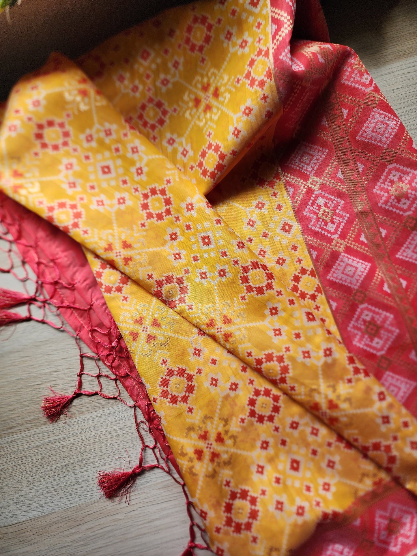 Banarasi Silk Handwoven Yellow & Coral Dupatta