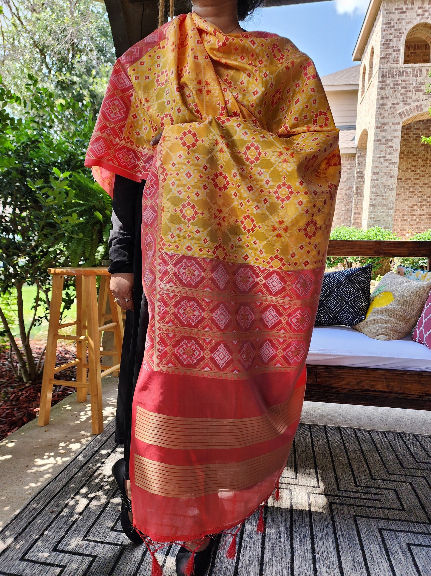 Banarasi Silk Handwoven Yellow & Coral Dupatta