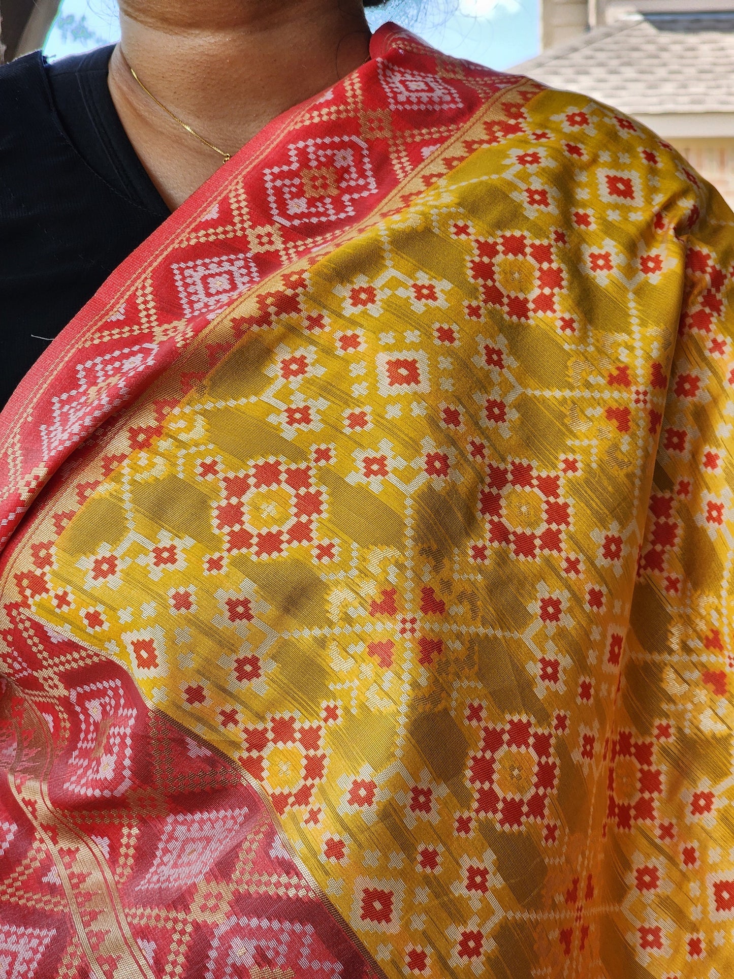 Banarasi Silk Handwoven Yellow & Coral Dupatta