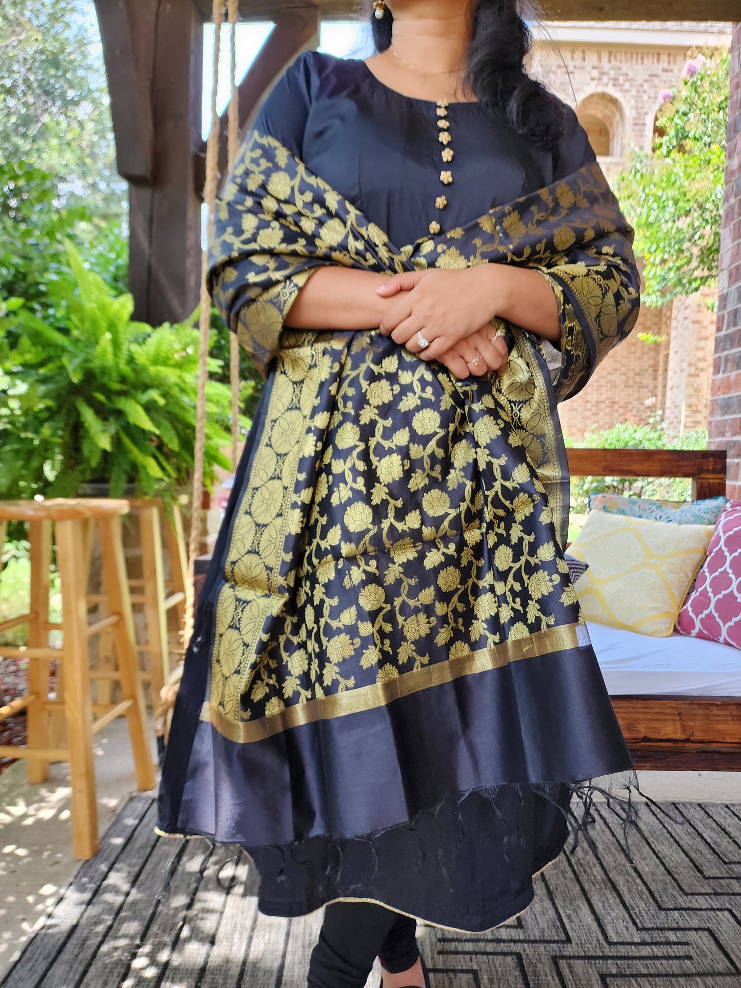 Indian A Line Style Kurta | Black and Gold Color