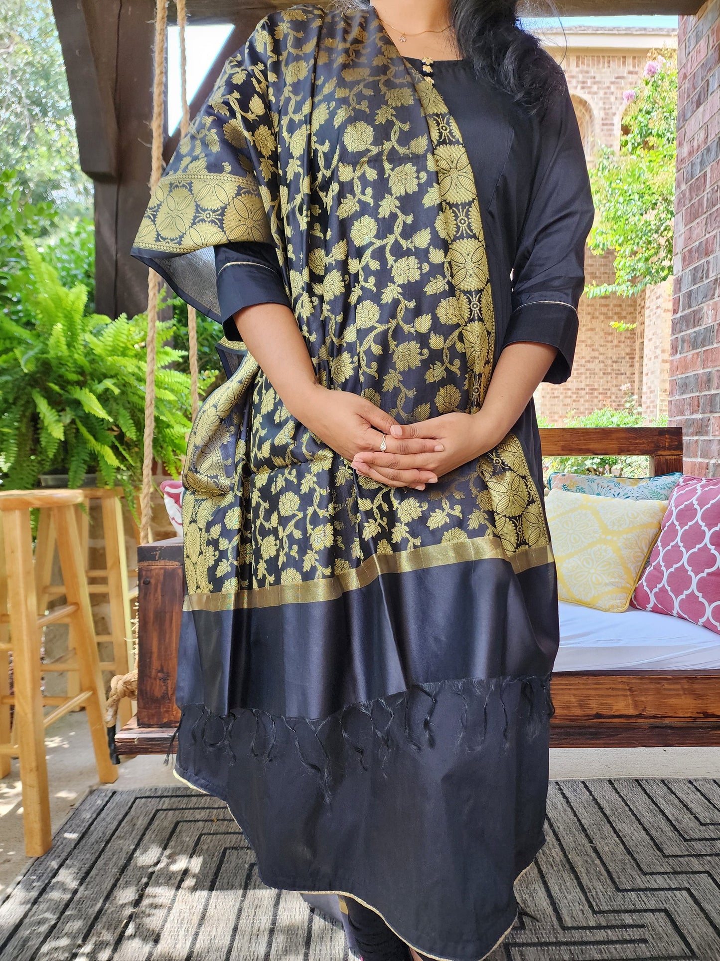 Indian A Line Style Kurta | Black and Gold Color