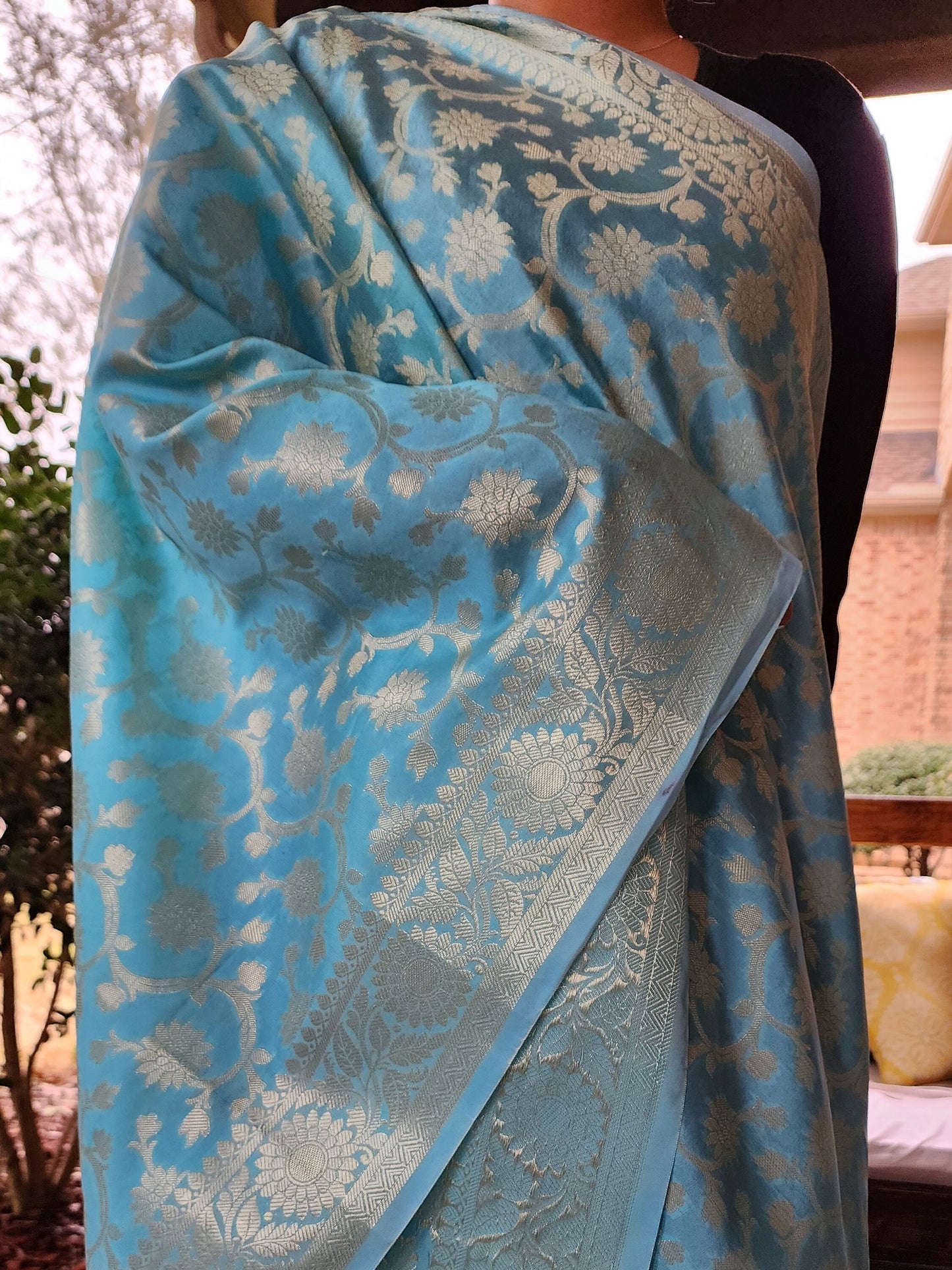 Banarasi Aqua Blue Silk Dupatta with gold weaving