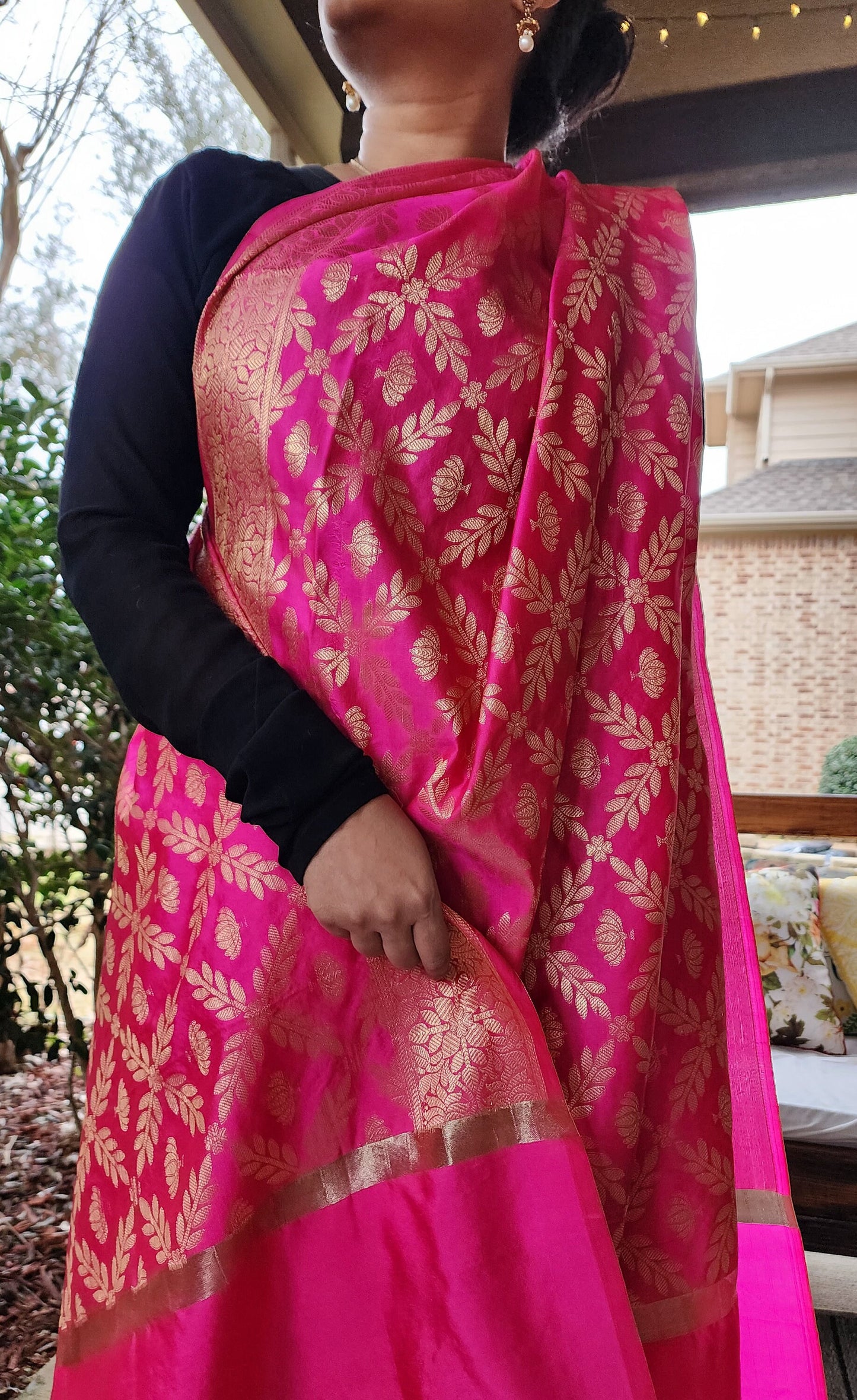 Banarasi Rani Pink Dupatta with gold handweaving