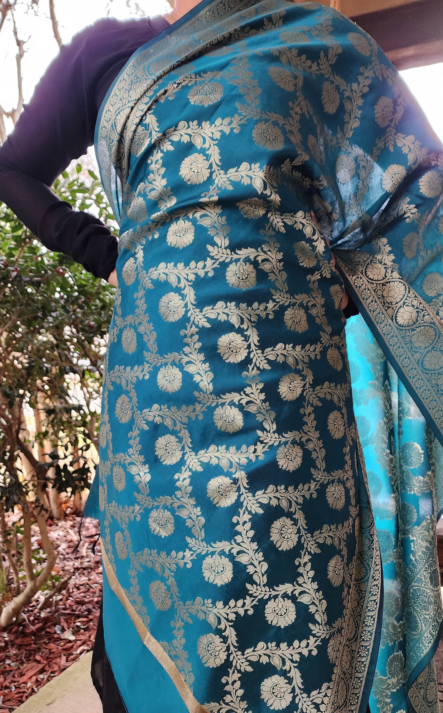 Banarasi Dark Turquoise Green Silk Dupatta with gold weaving