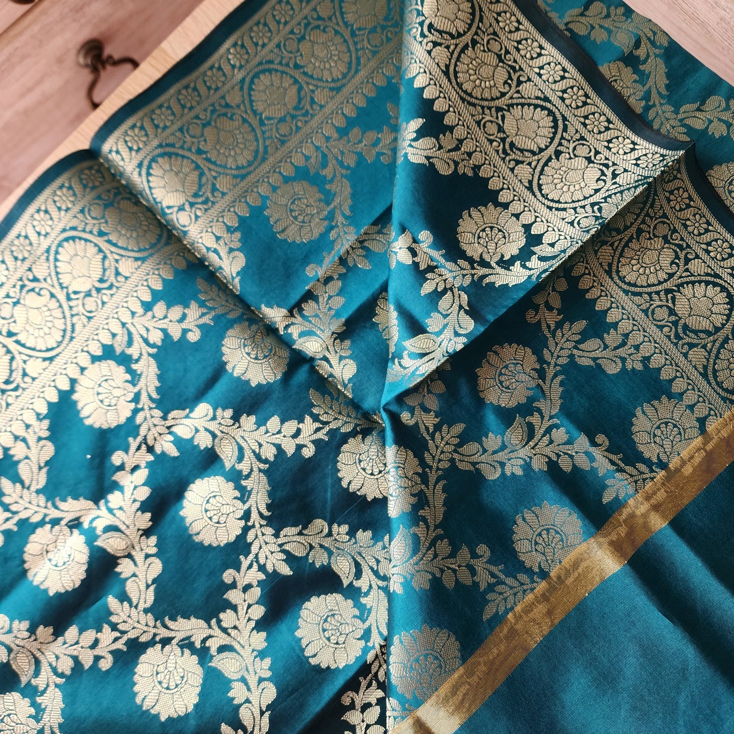 Banarasi Dark Turquoise Green Silk Dupatta with gold weaving