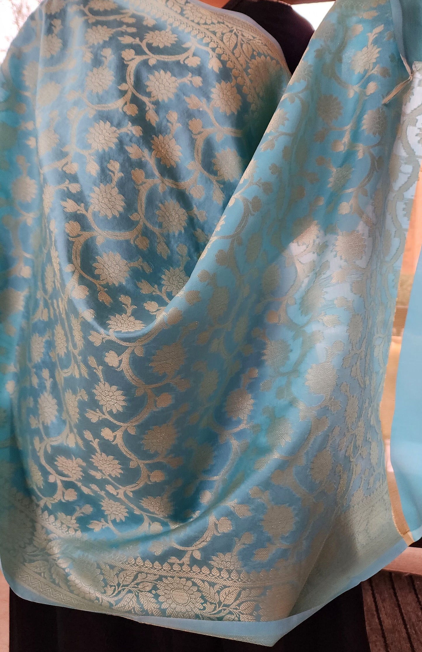 Banarasi Aqua Blue Silk Dupatta with gold weaving