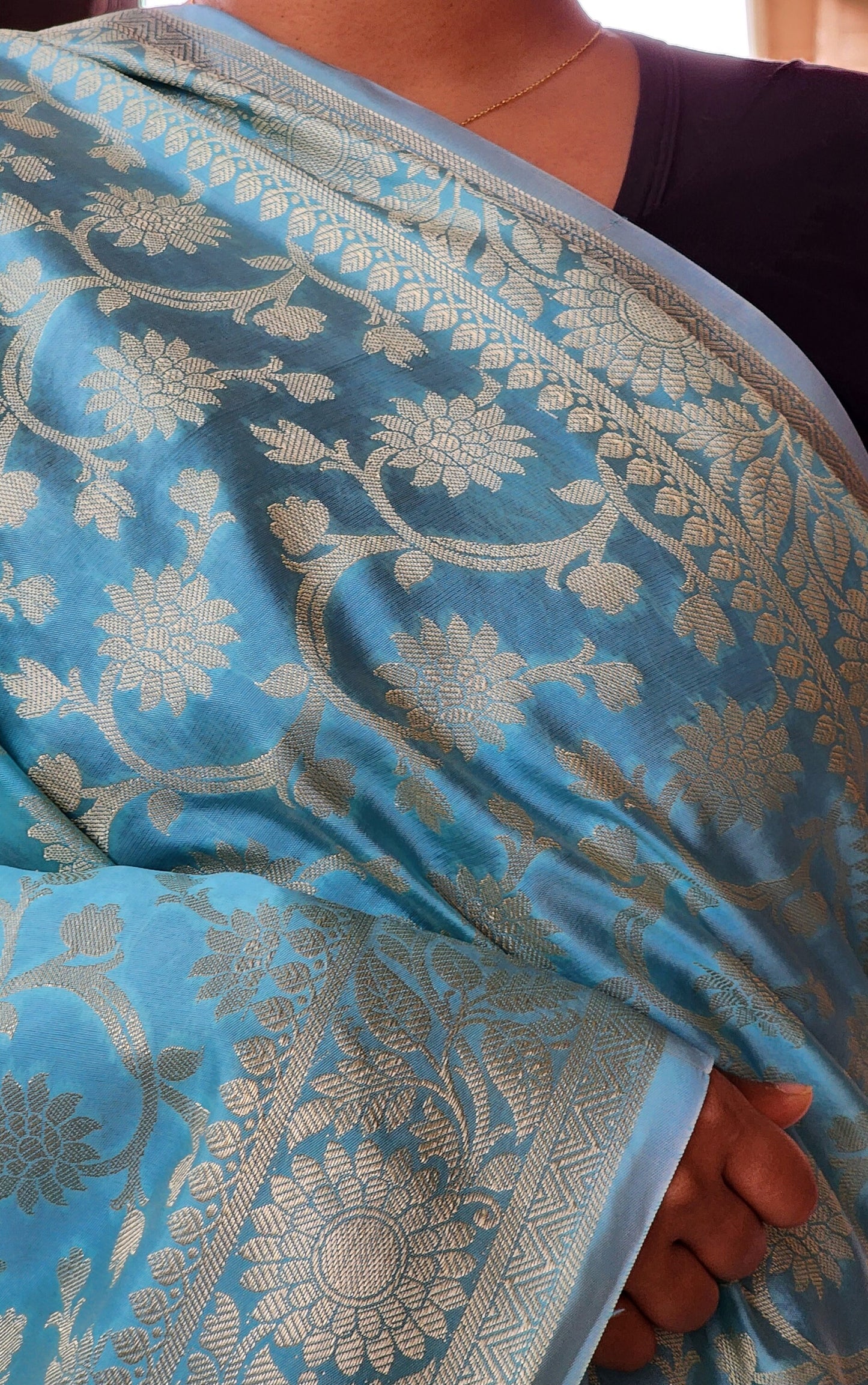 Banarasi Aqua Blue Silk Dupatta with gold weaving