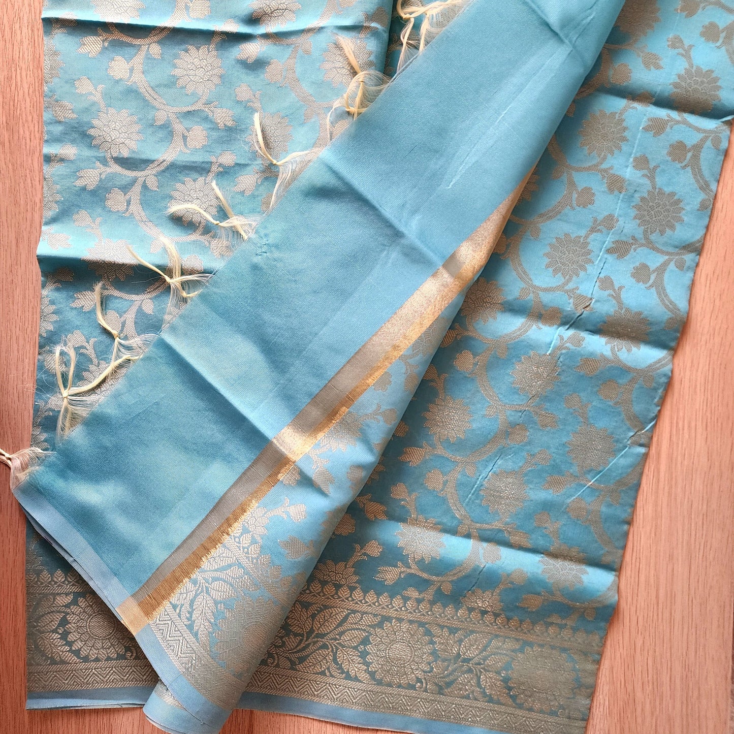 Banarasi Aqua Blue Silk Dupatta with gold weaving