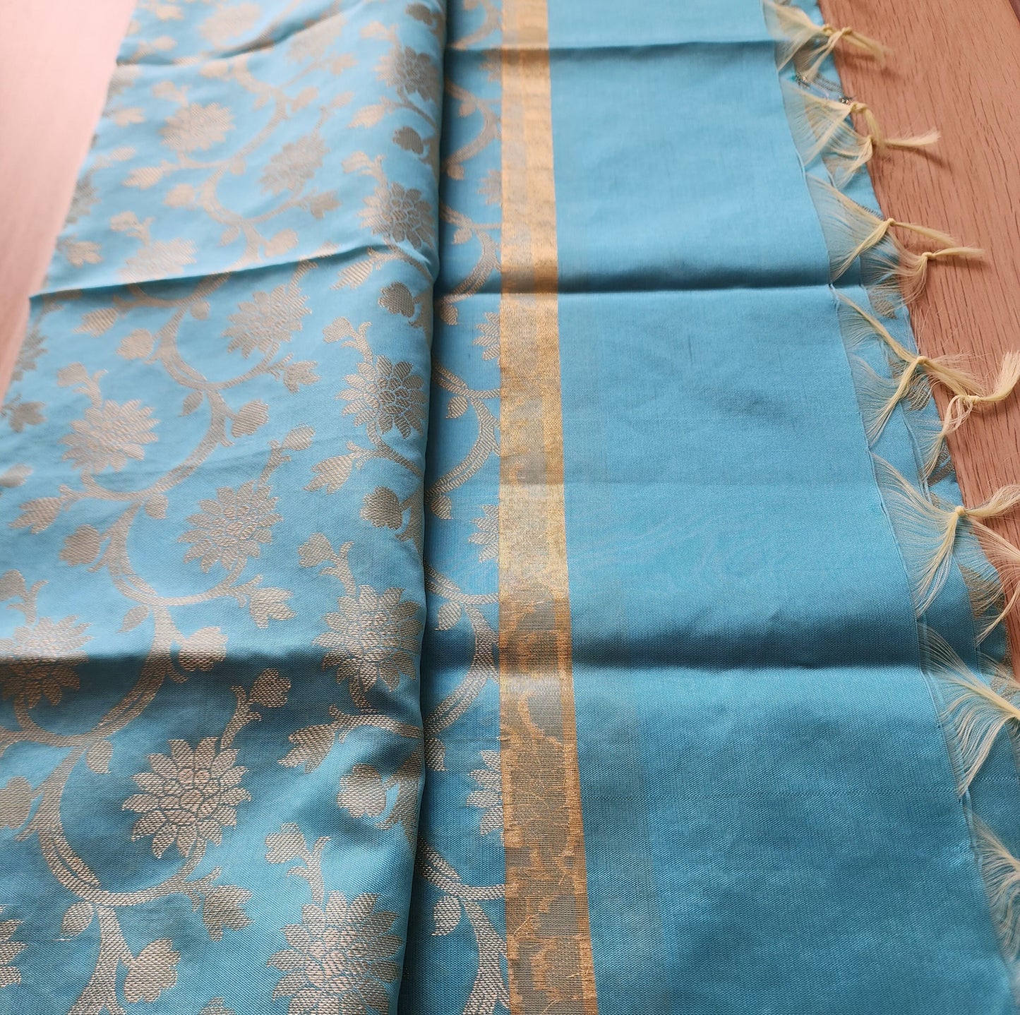 Banarasi Aqua Blue Silk Dupatta with gold weaving