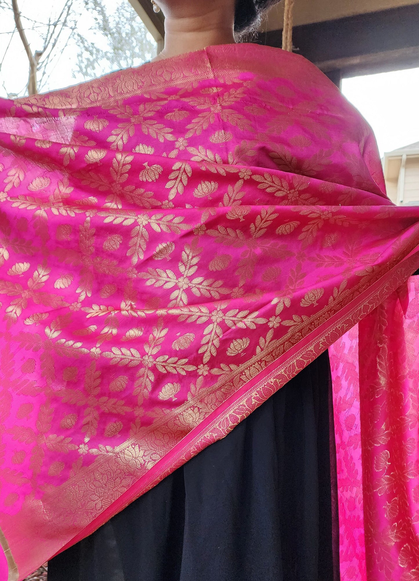 Banarasi Rani Pink Dupatta with gold handweaving