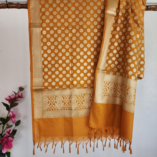 Banarasi Silk Mustard Yellow Dupatta with gold handweaving, Indian traditional and Festive designer dupatta, luxurious soft Banarsi dupatta