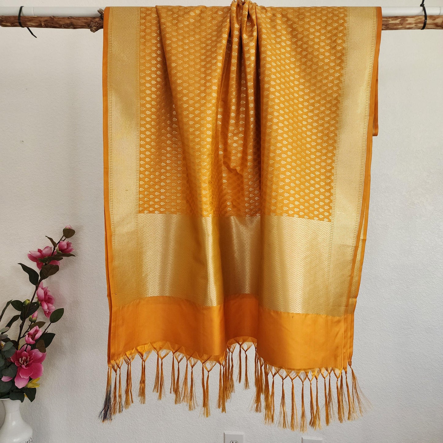 Banarasi Silk Mustard Yellow Dupatta with gold handweaving, Indian traditional and Festive designer dupatta, luxurious soft Banarsi dupatta