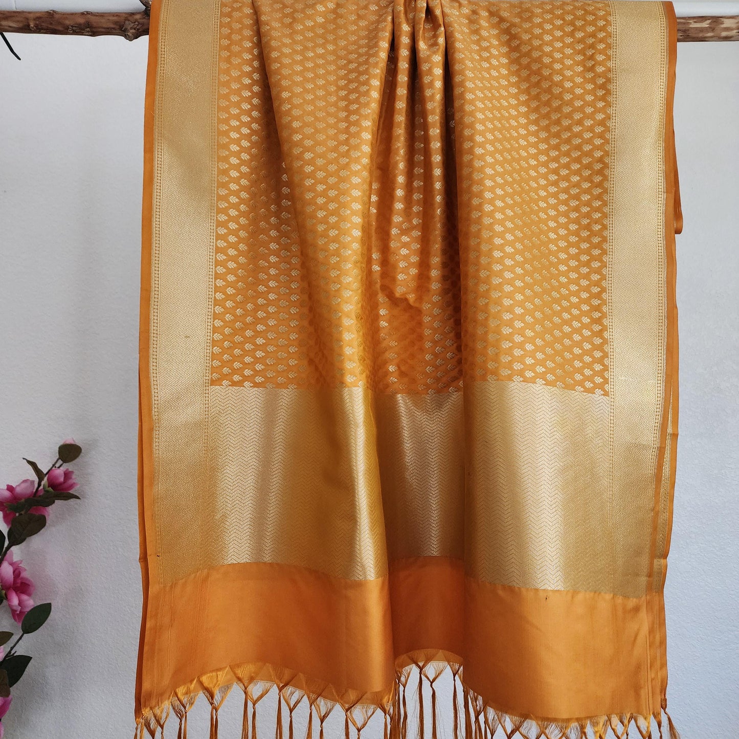 Banarasi Silk Mustard Yellow Dupatta with gold handweaving, Indian traditional and Festive designer dupatta, luxurious soft Banarsi dupatta