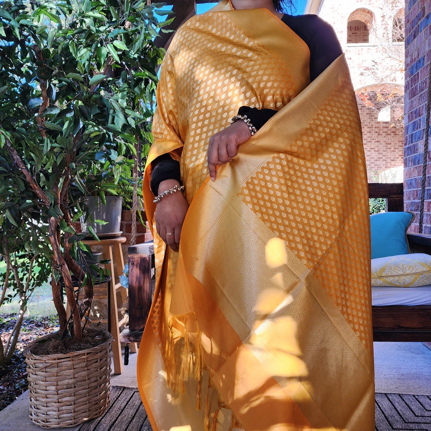 Banarasi Silk Mustard Yellow Dupatta with gold handweaving, Indian traditional and Festive designer dupatta, luxurious soft Banarsi dupatta