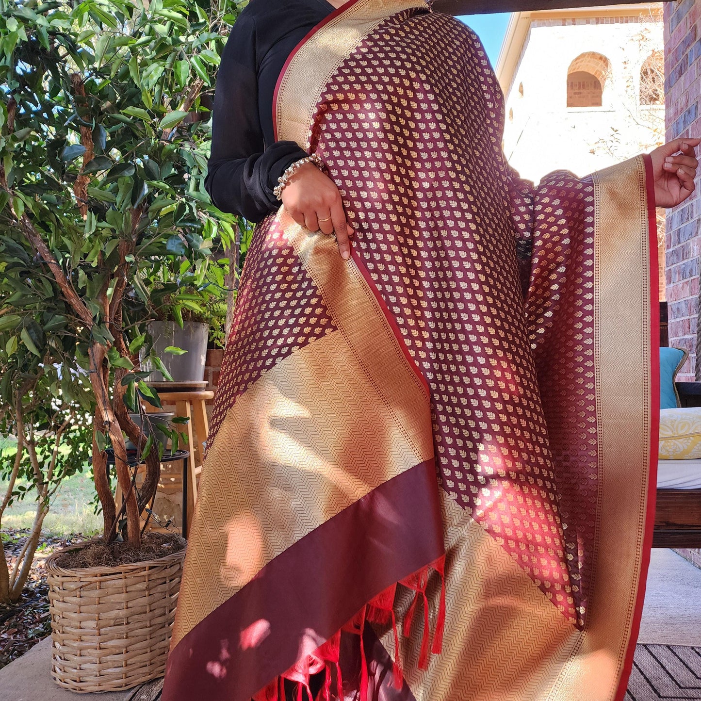 Banarasi Silk Brown Dupatta with gold handweaving, Indian traditional and Festive designer dupatta, luxurious soft Banarsi dupatta