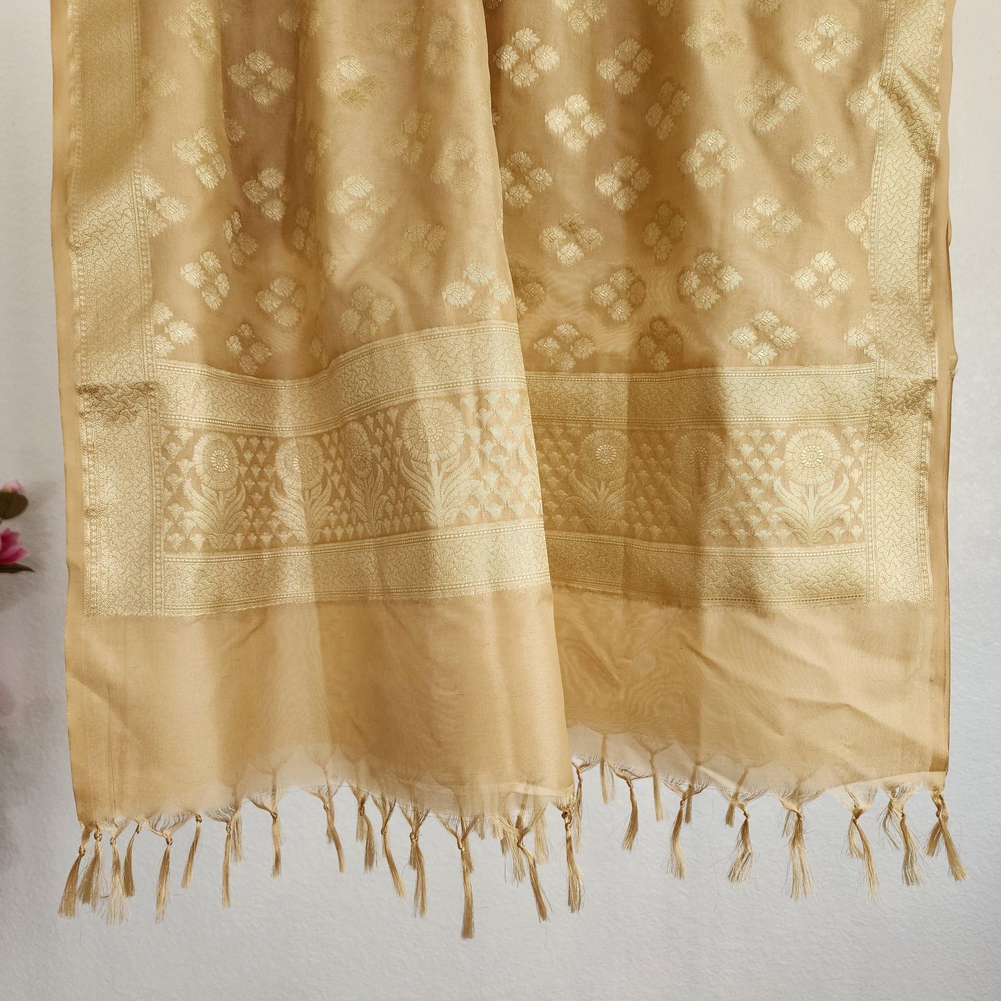 Banarasi Silk Beige Dupatta with gold handweaving, Indian traditional and Festive designer dupatta, luxurious soft Banarsi dupatta