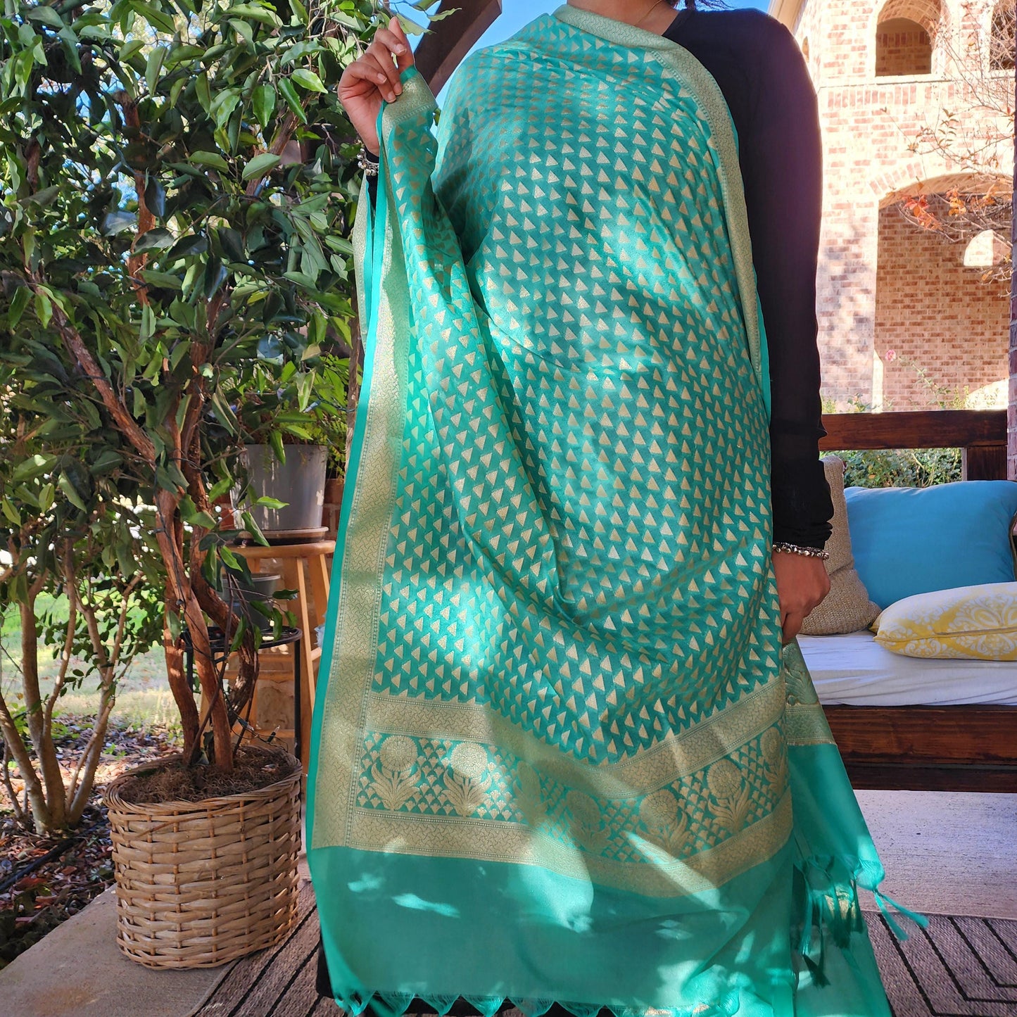 Banarasi Silk Aqua Green Dupatta with gold handweaving, Indian traditional and Festive designer dupatta, luxurious soft Banarsi dupatta