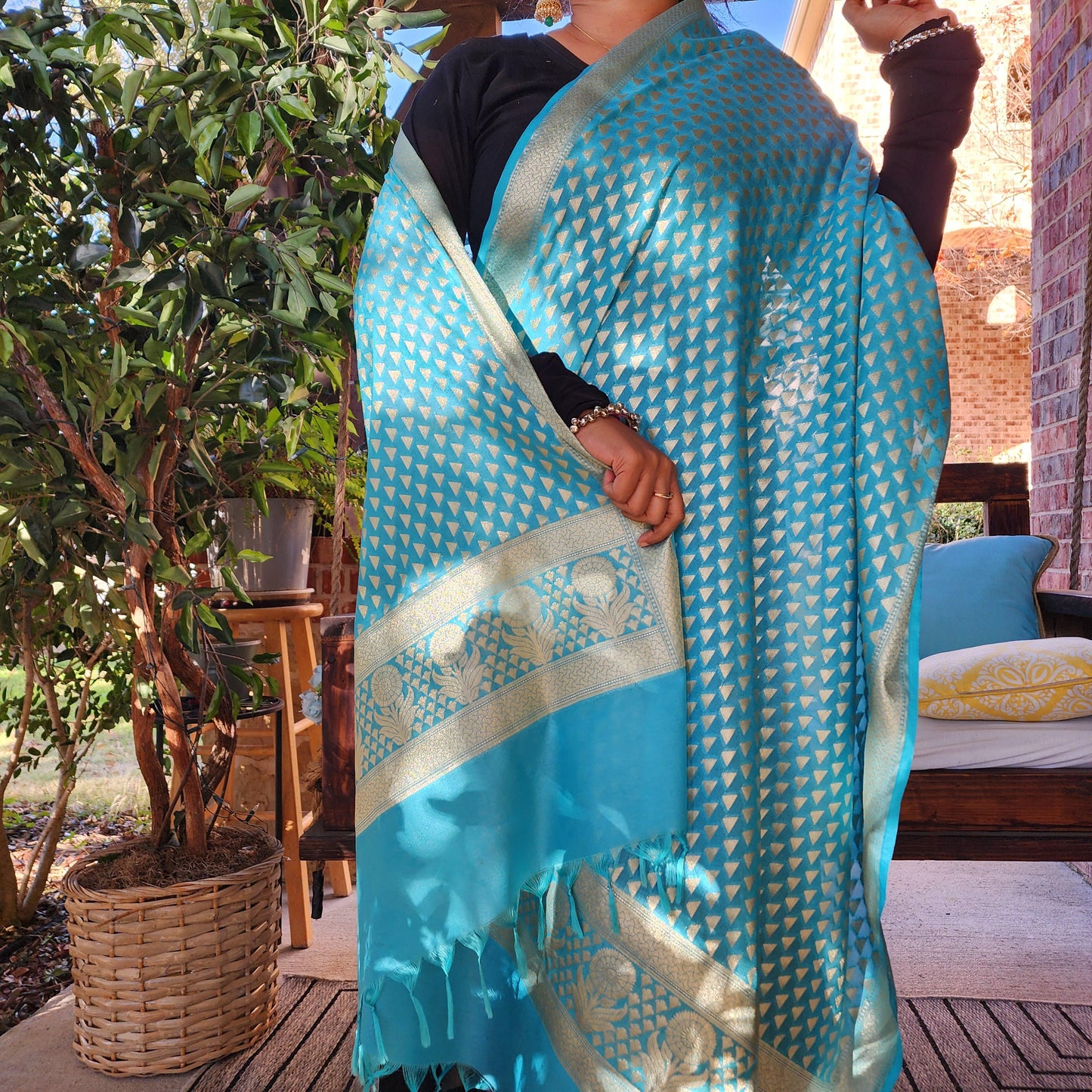 Banarasi Silk Sky Blue Dupatta with gold handweaving, Indian traditional and Festive designer dupatta, luxurious soft Banarsi dupatta