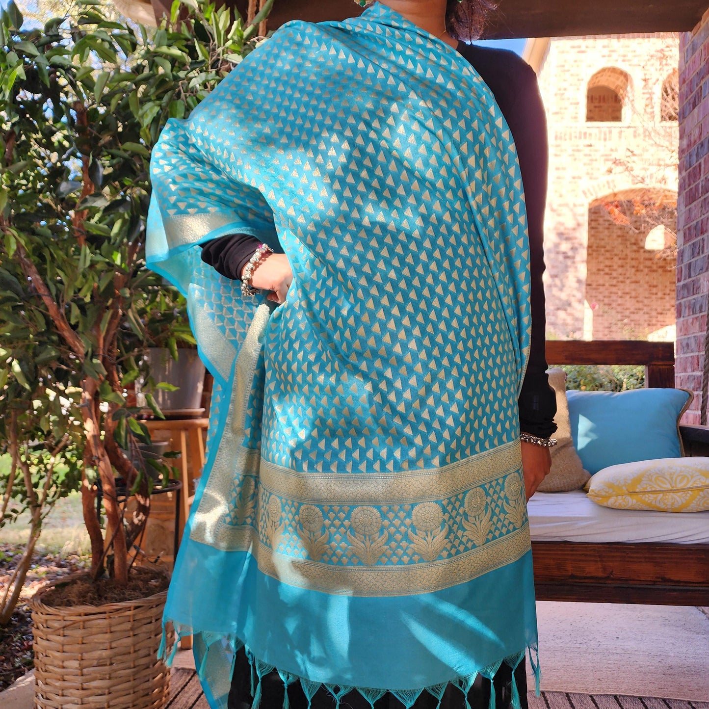 Banarasi Silk Sky Blue Dupatta with gold handweaving, Indian traditional and Festive designer dupatta, luxurious soft Banarsi dupatta