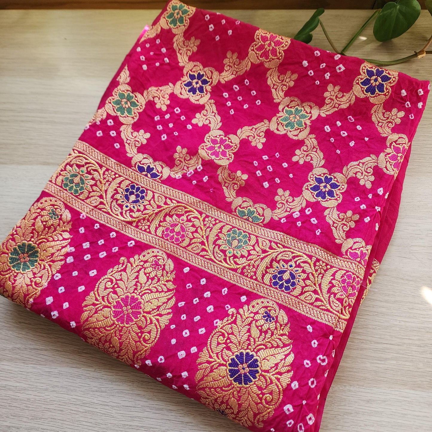 Banarasi Handwoven Bandhni Dupatta in Rani Pink, Beautiful Banarsi weaving in Gold