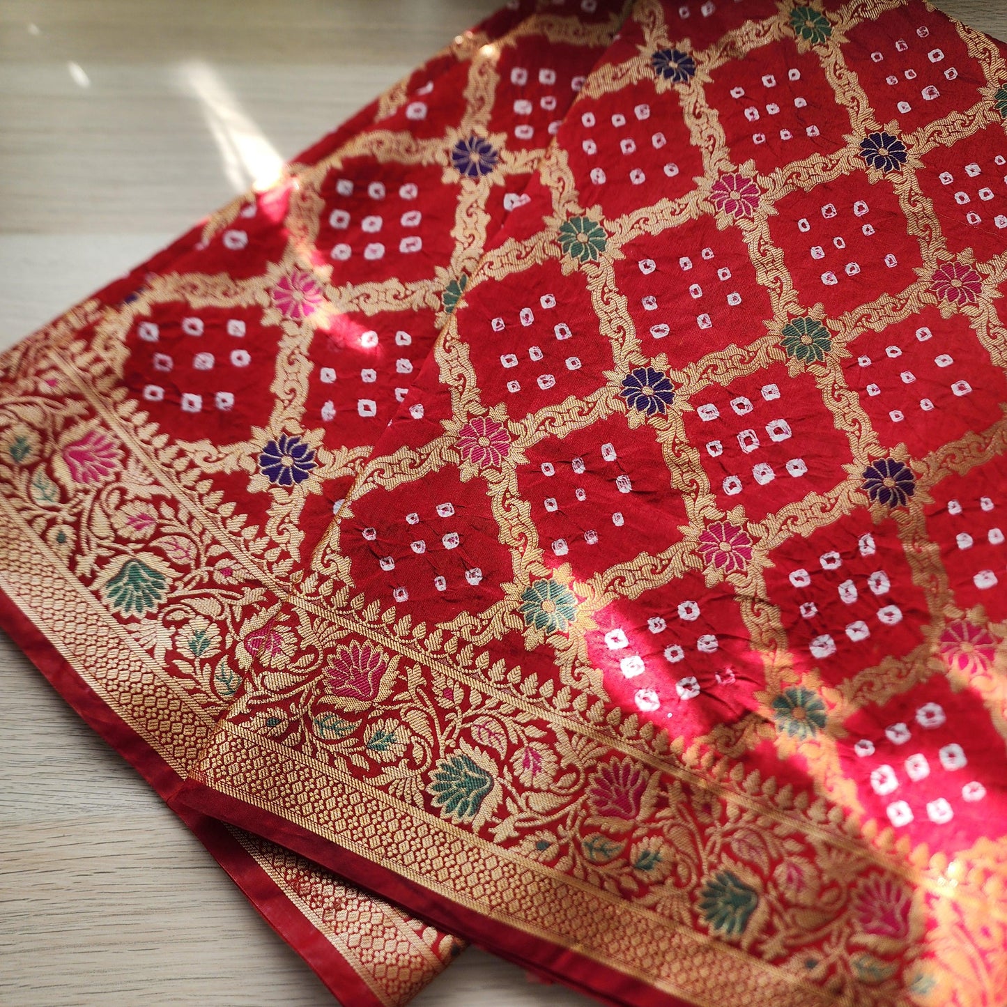 Banarasi Handwoven Bandhni Dupatta in Maroon Red, Beautiful Banarsi weaving in Gold