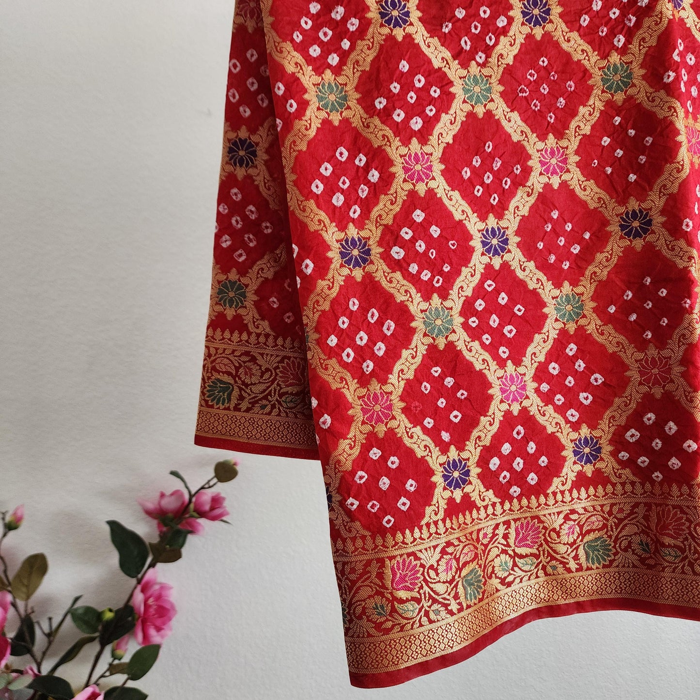 Banarasi Handwoven Bandhni Dupatta in Maroon Red, Beautiful Banarsi weaving in Gold