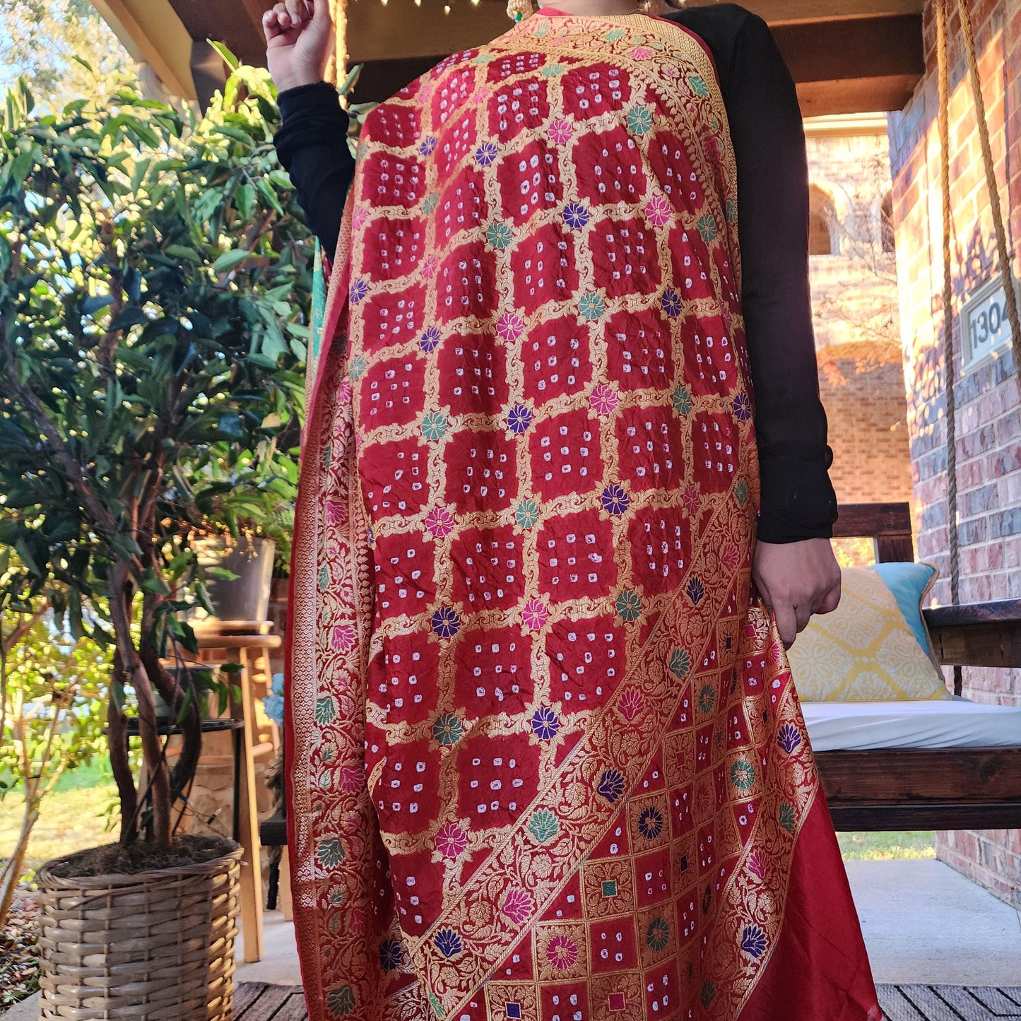 Banarasi Handwoven Bandhni Dupatta in Maroon Red, Beautiful Banarsi weaving in Gold