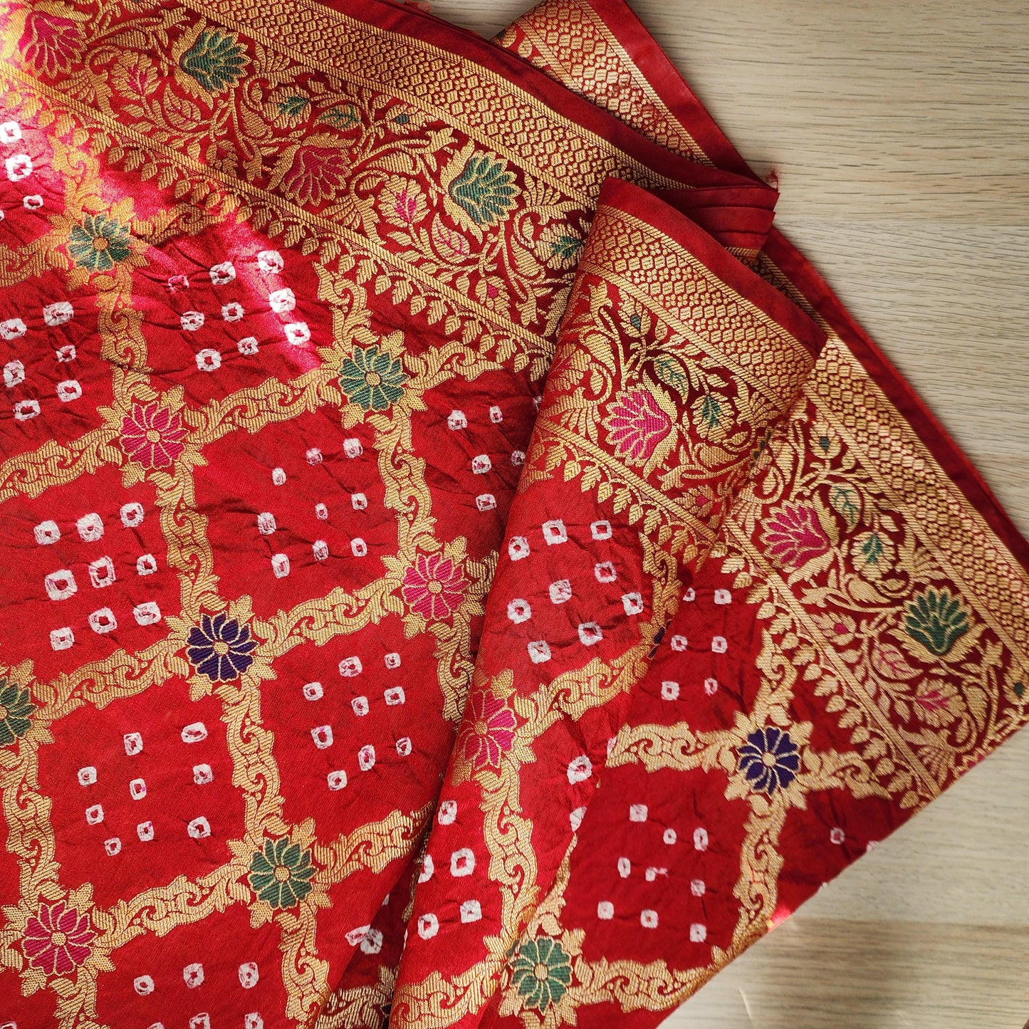 Banarasi Handwoven Bandhni Dupatta in Maroon Red, Beautiful Banarsi weaving in Gold