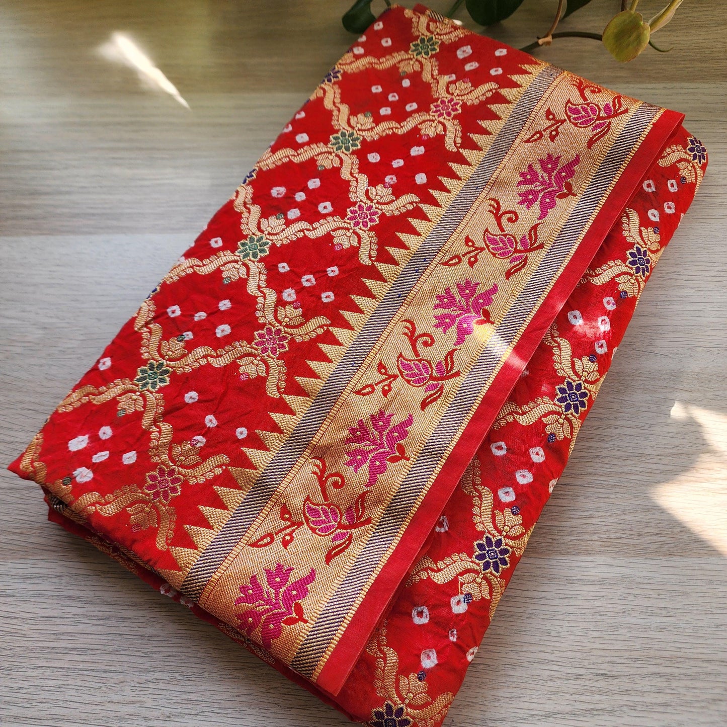 Banarasi Handwoven Bandhni Dupatta in Orange Bright Red, Beautiful Banarsi weaving in Gold