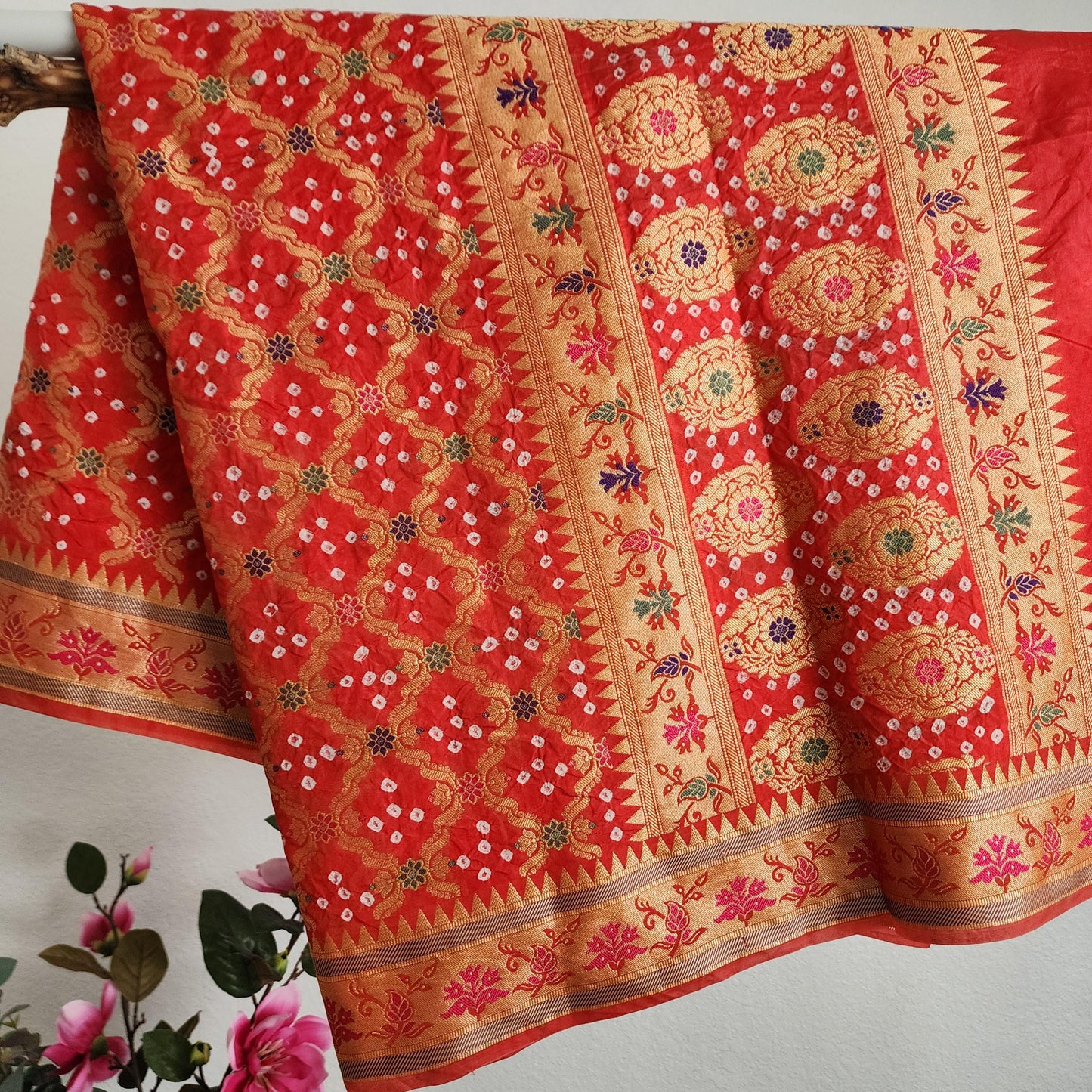 Banarasi Handwoven Bandhni Dupatta in Orange Bright Red, Beautiful Banarsi weaving in Gold