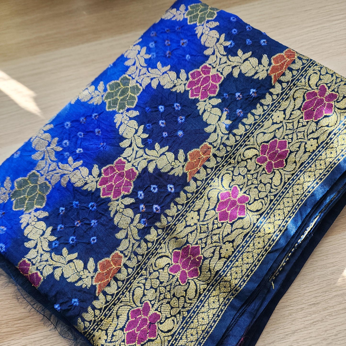 Banarasi Handwoven Bandhni Dupatta in Denim & Sky Blue, Beautiful Banarsi weaving in Gold