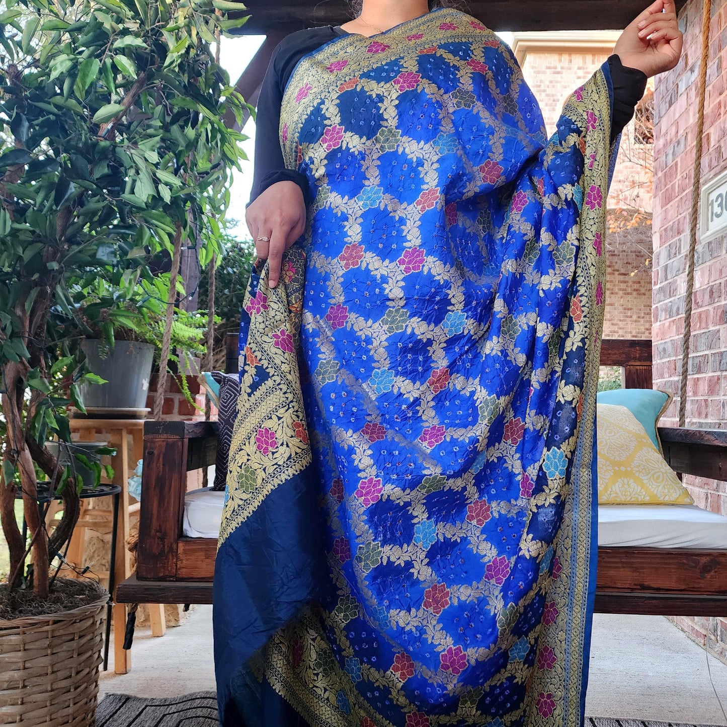 Banarasi Handwoven Bandhni Dupatta in Denim & Sky Blue, Beautiful Banarsi weaving in Gold