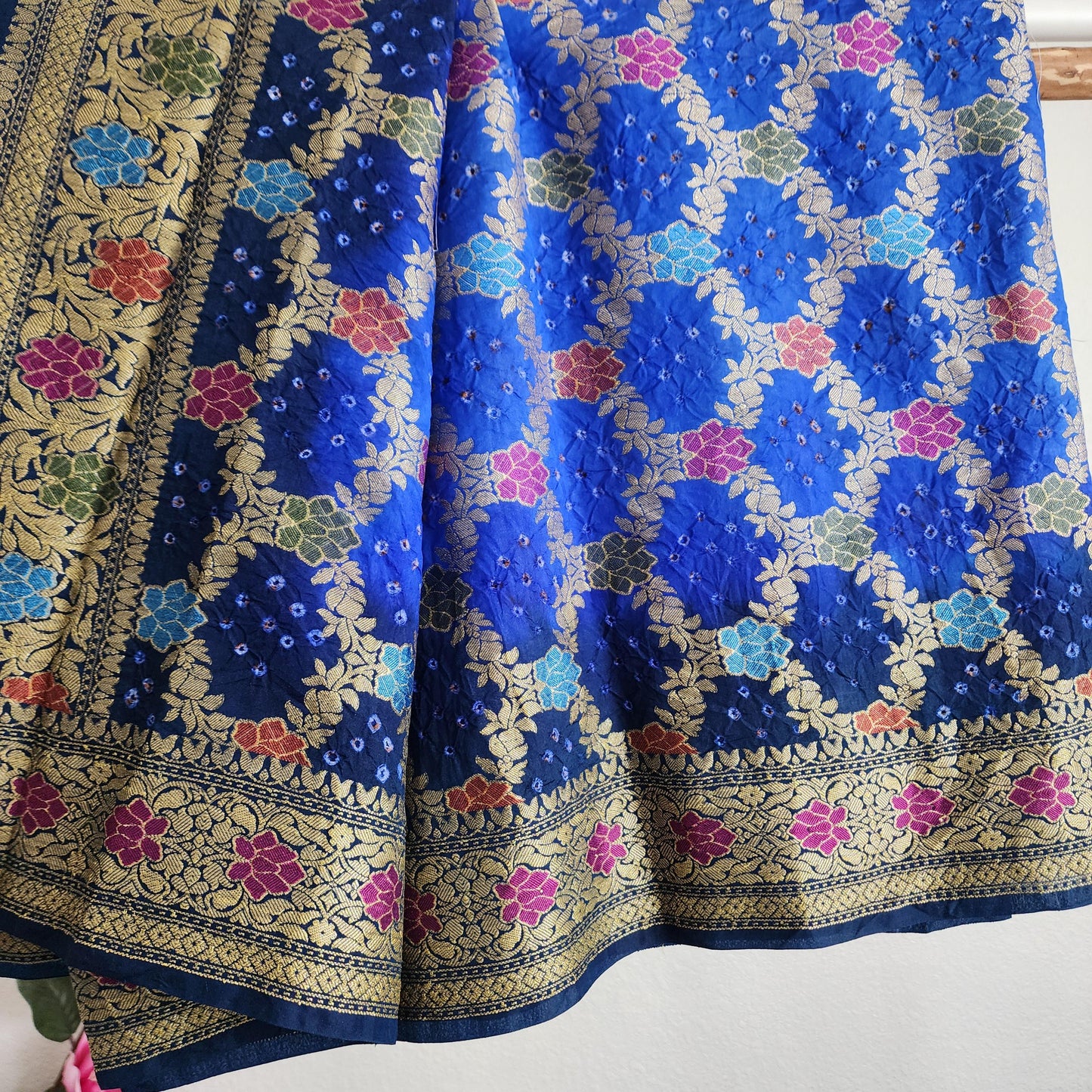 Banarasi Handwoven Bandhni Dupatta in Denim & Sky Blue, Beautiful Banarsi weaving in Gold