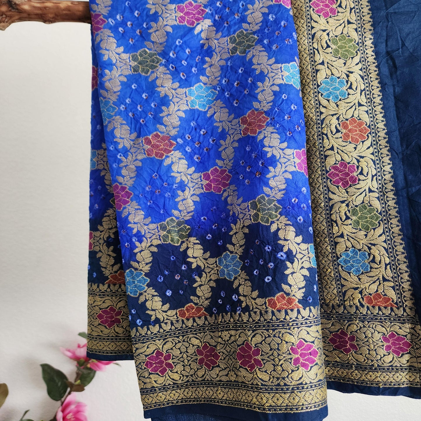 Banarasi Handwoven Bandhni Dupatta in Denim & Sky Blue, Beautiful Banarsi weaving in Gold