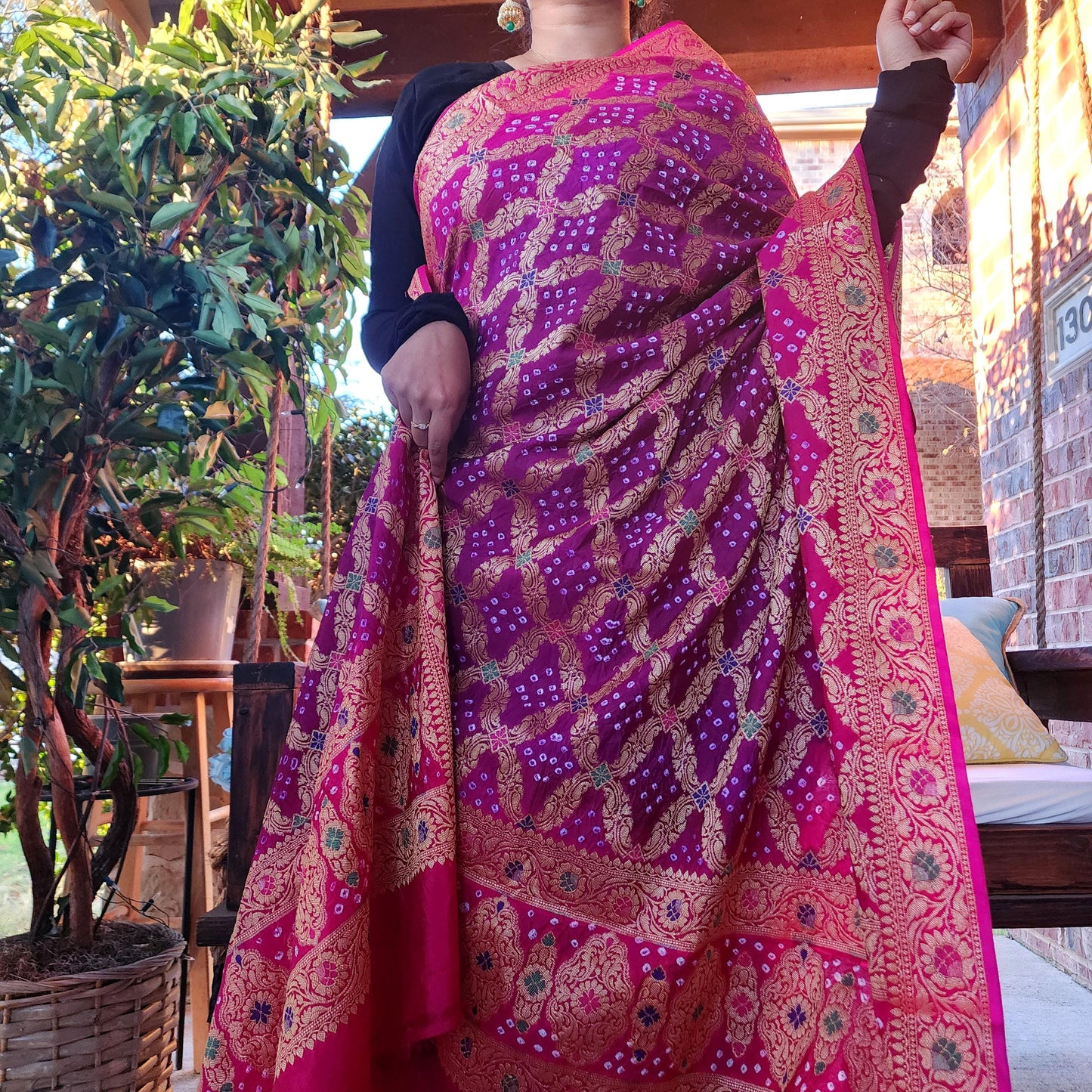 Banarasi Handwoven Bandhni Dupatta in Purple & Rani Pink, Beautiful Banarsi weaving in Gold