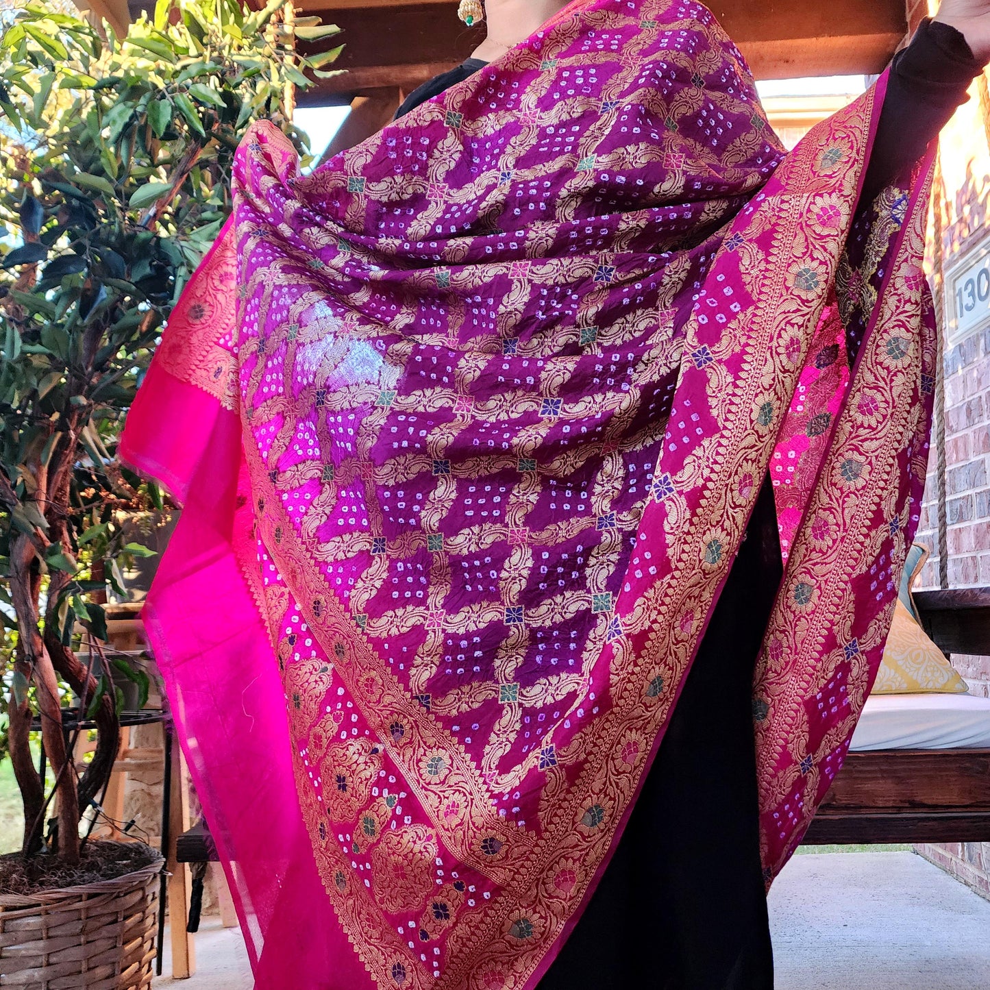 Banarasi Handwoven Bandhni Dupatta in Purple & Rani Pink, Beautiful Banarsi weaving in Gold